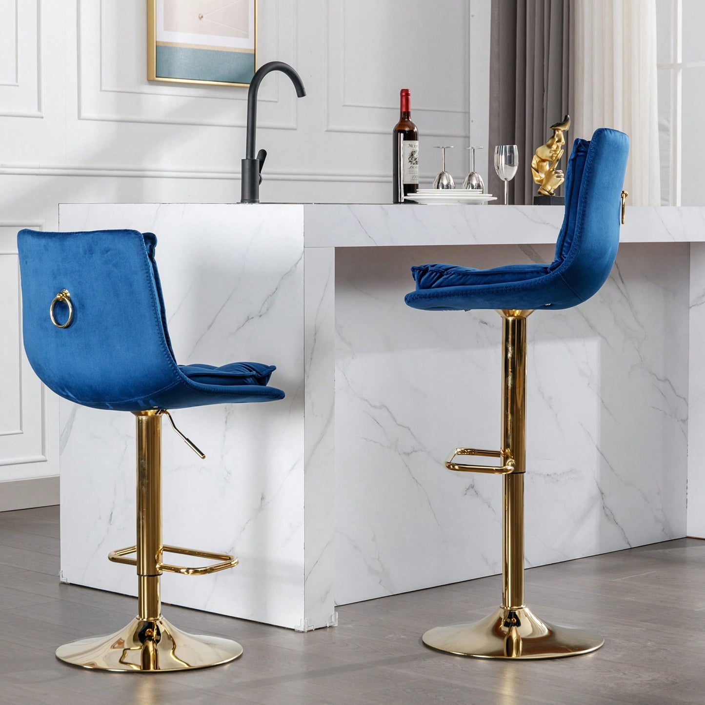 Adjustable Velvet Bar Stools With Chrome Footrest And Golden Legs - Set Of 2 Swivel Chairs In Blue
