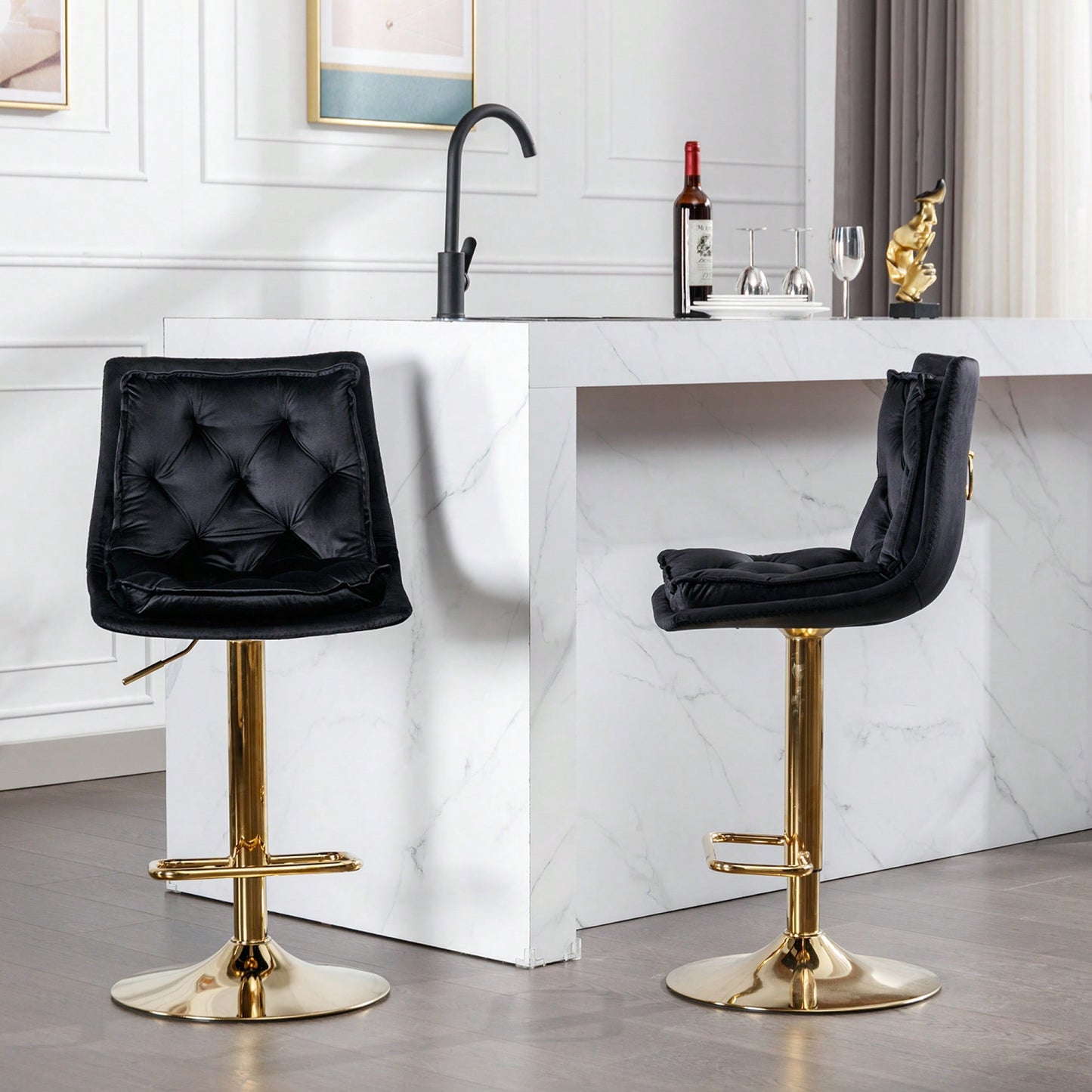 Adjustable Velvet Bar Stools With Chrome Footrest And Golden Legs - Set Of 2 Swivel Chairs In Blue