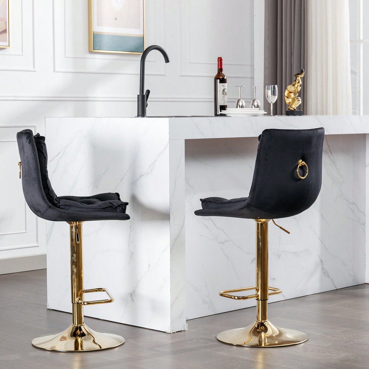Adjustable Velvet Bar Stools With Chrome Footrest And Golden Legs - Set Of 2 Swivel Chairs In Blue
