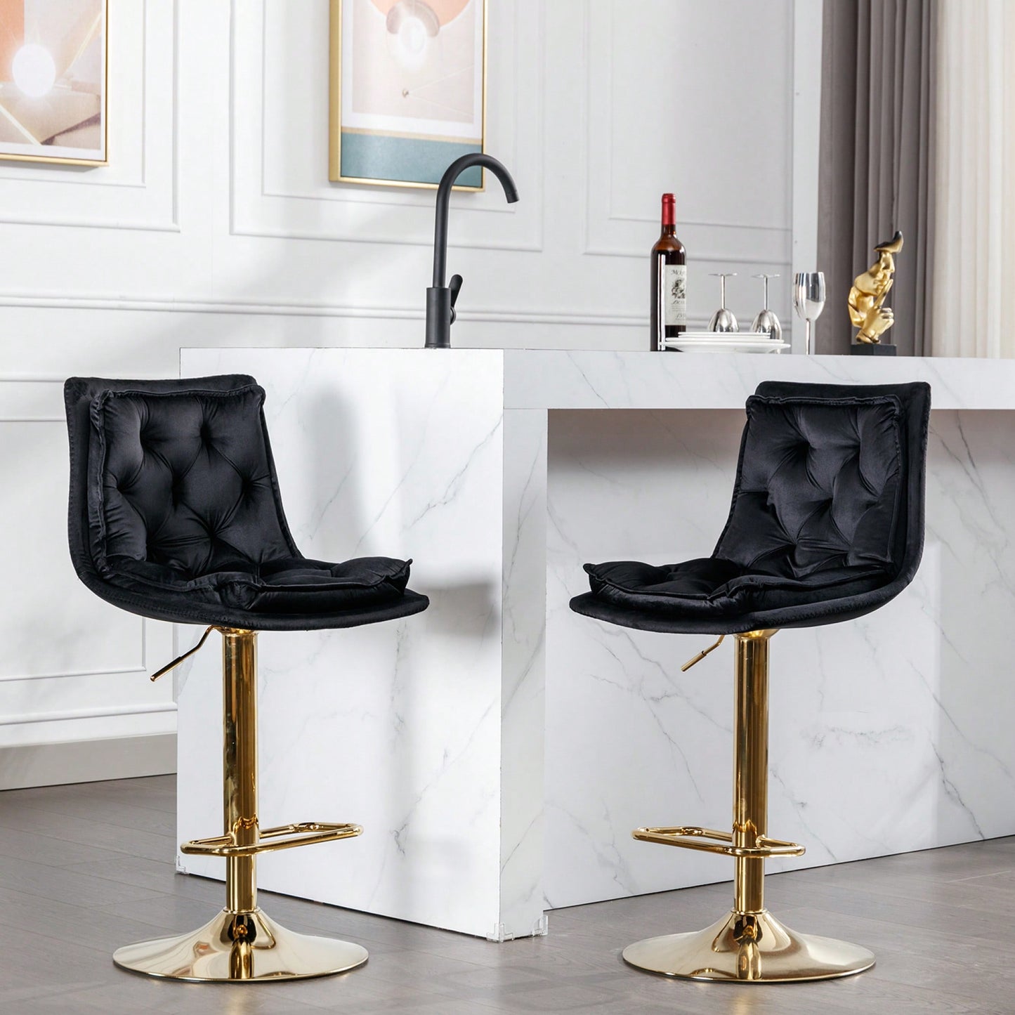 Adjustable Velvet Bar Stools With Chrome Footrest And Golden Legs - Set Of 2 Swivel Chairs In Blue
