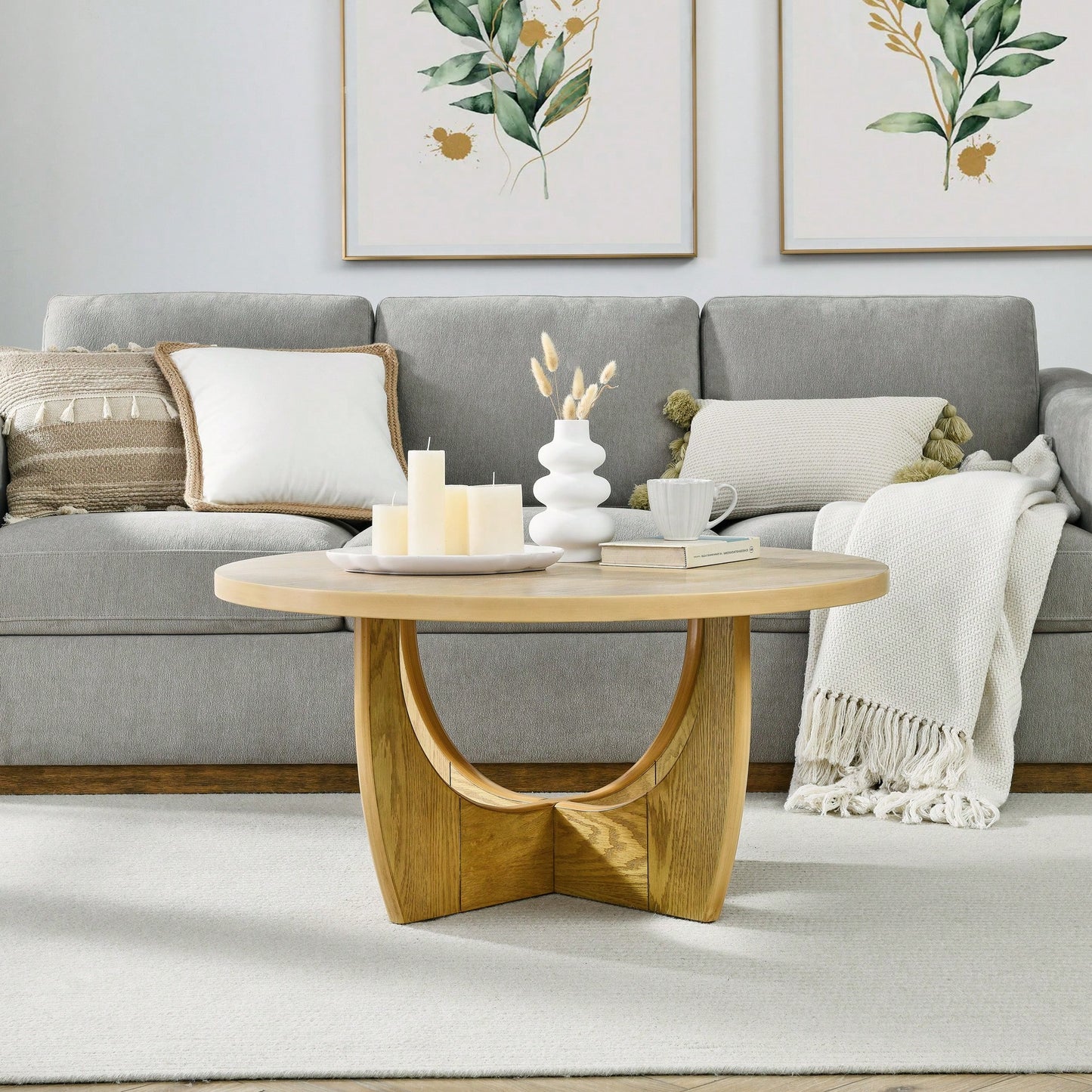 36 Inch Round Wooden Coffee Table For Living Room And Bedroom In Oak Finish