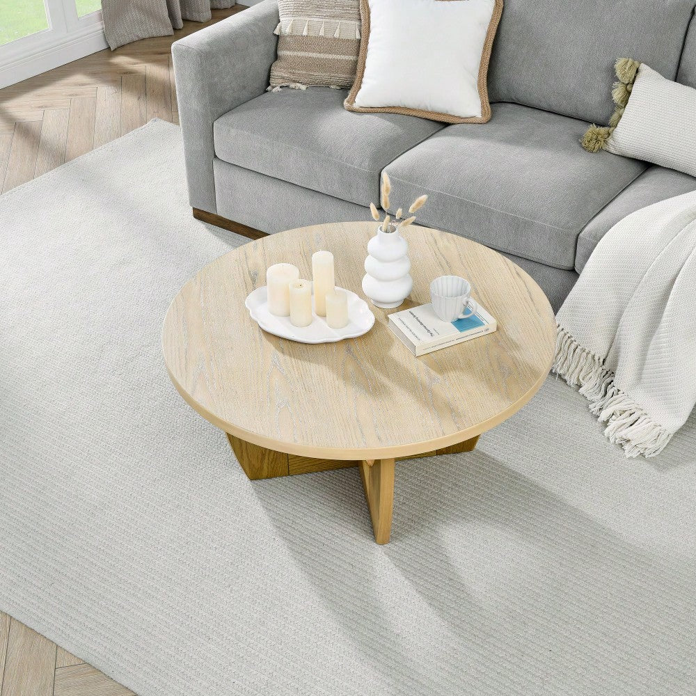 36 Inch Round Wooden Coffee Table For Living Room And Bedroom In Oak Finish