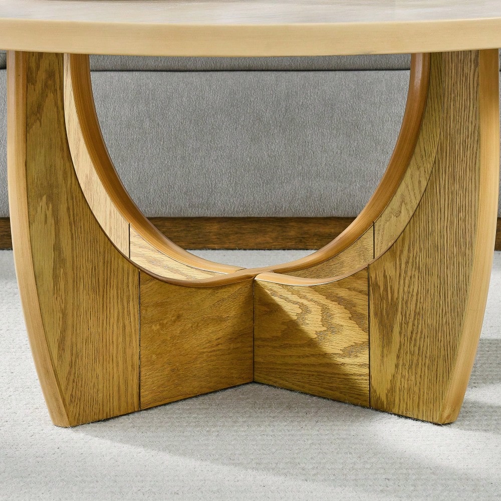 36 Inch Round Wooden Coffee Table For Living Room And Bedroom In Oak Finish