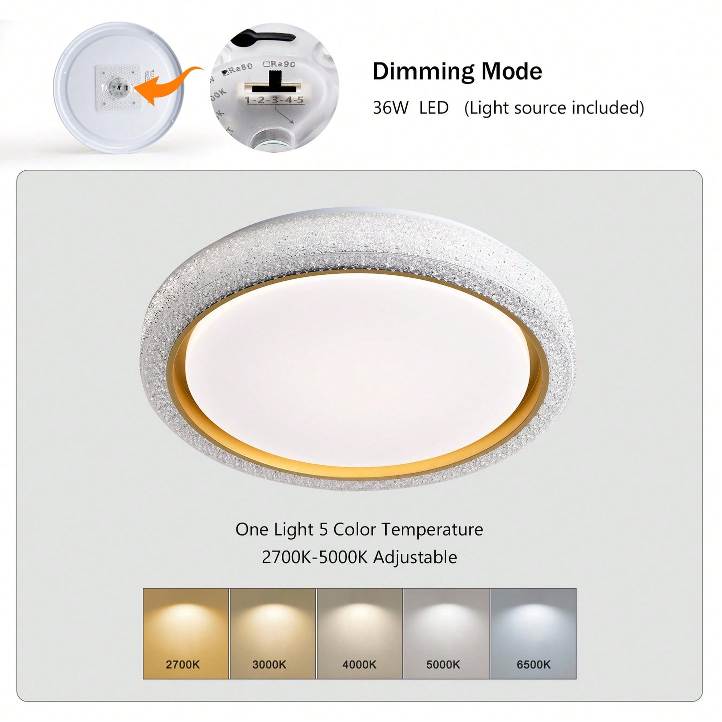 Dimmable 36W LED Flush Mount Ceiling Light 19.69in 3600LM With 5 Color Temperatures For Bedroom Bathroom Hallway