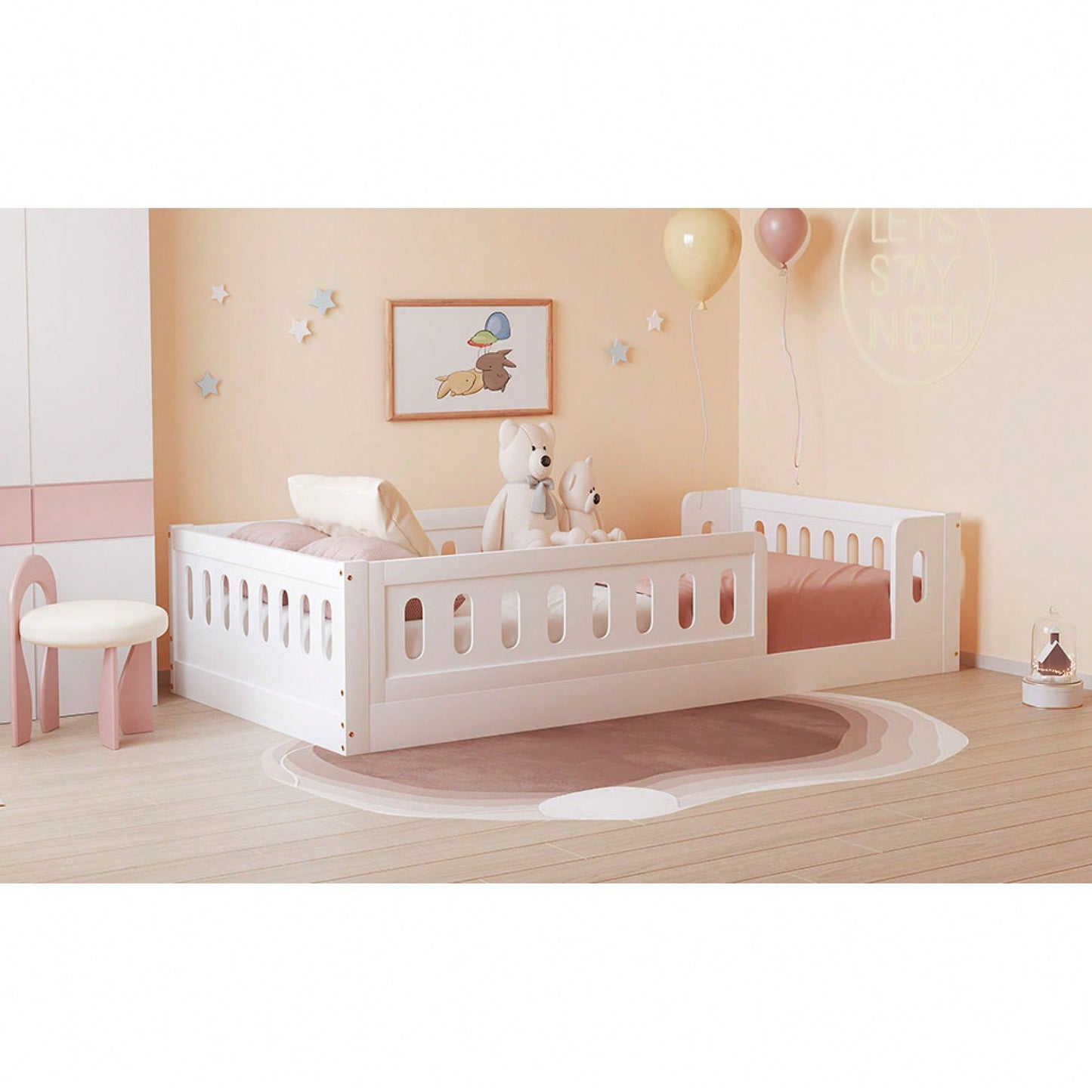 White Twin Size Platform Bed With Guardrail For Safety And Style