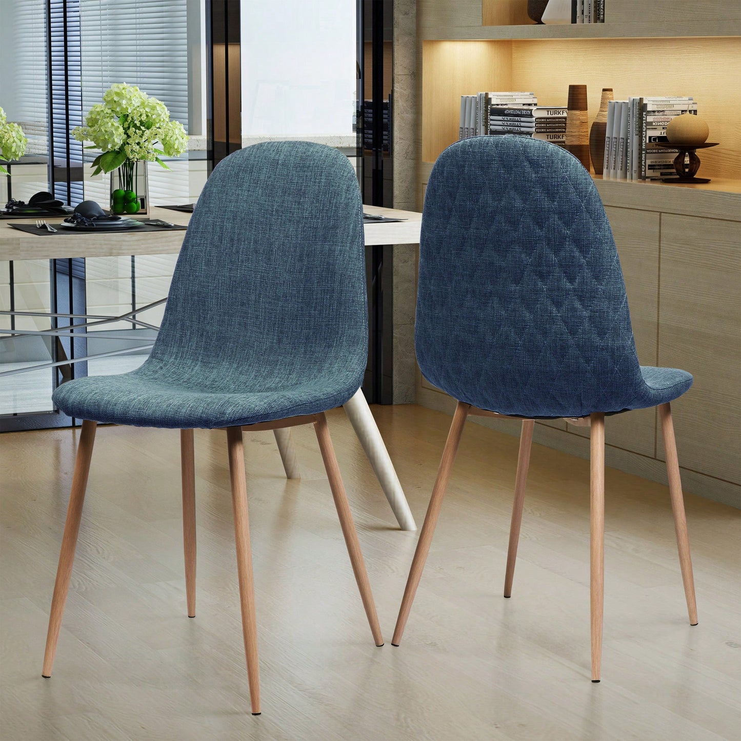 Fabric Upholstered Mid-Century Dining Chairs With Dark Walnut Finished Metal Legs - Set Of 2