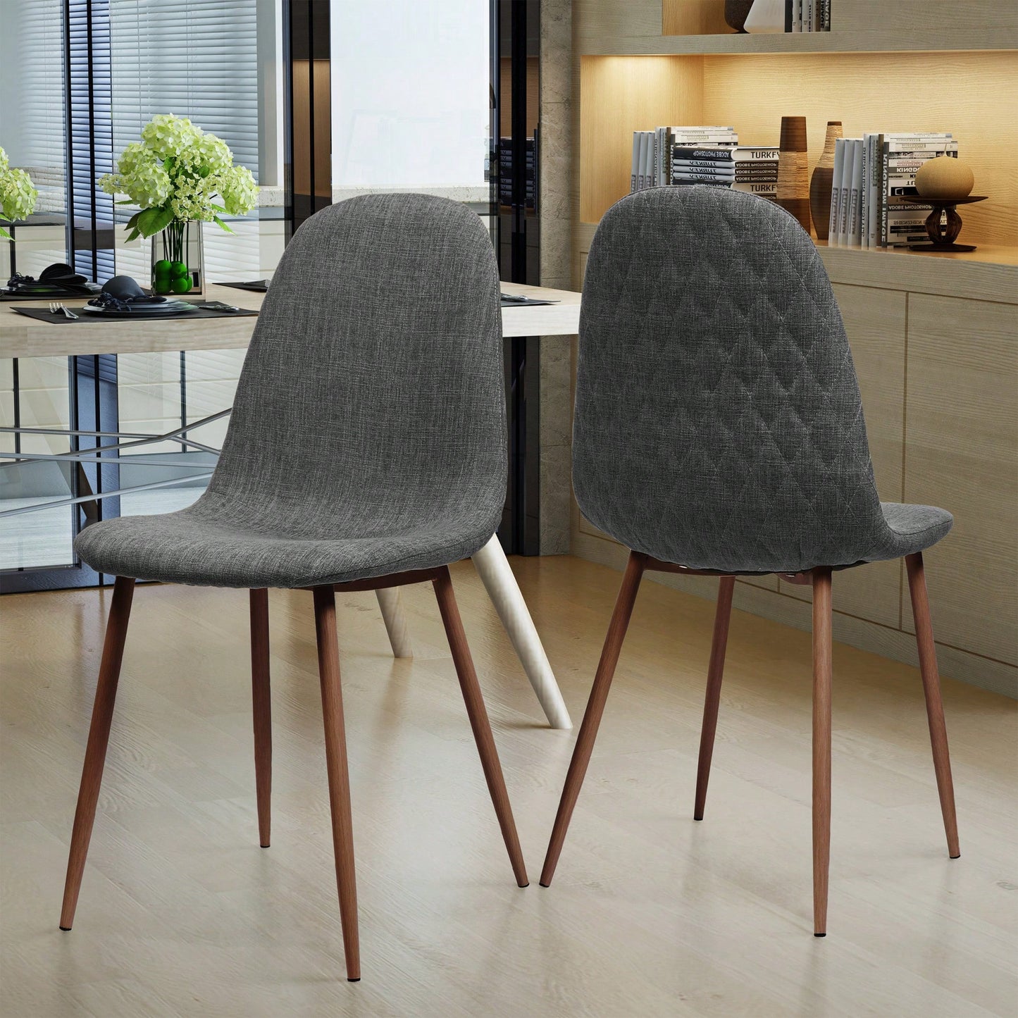 Fabric Upholstered Mid-Century Dining Chairs With Dark Walnut Finished Metal Legs - Set Of 2