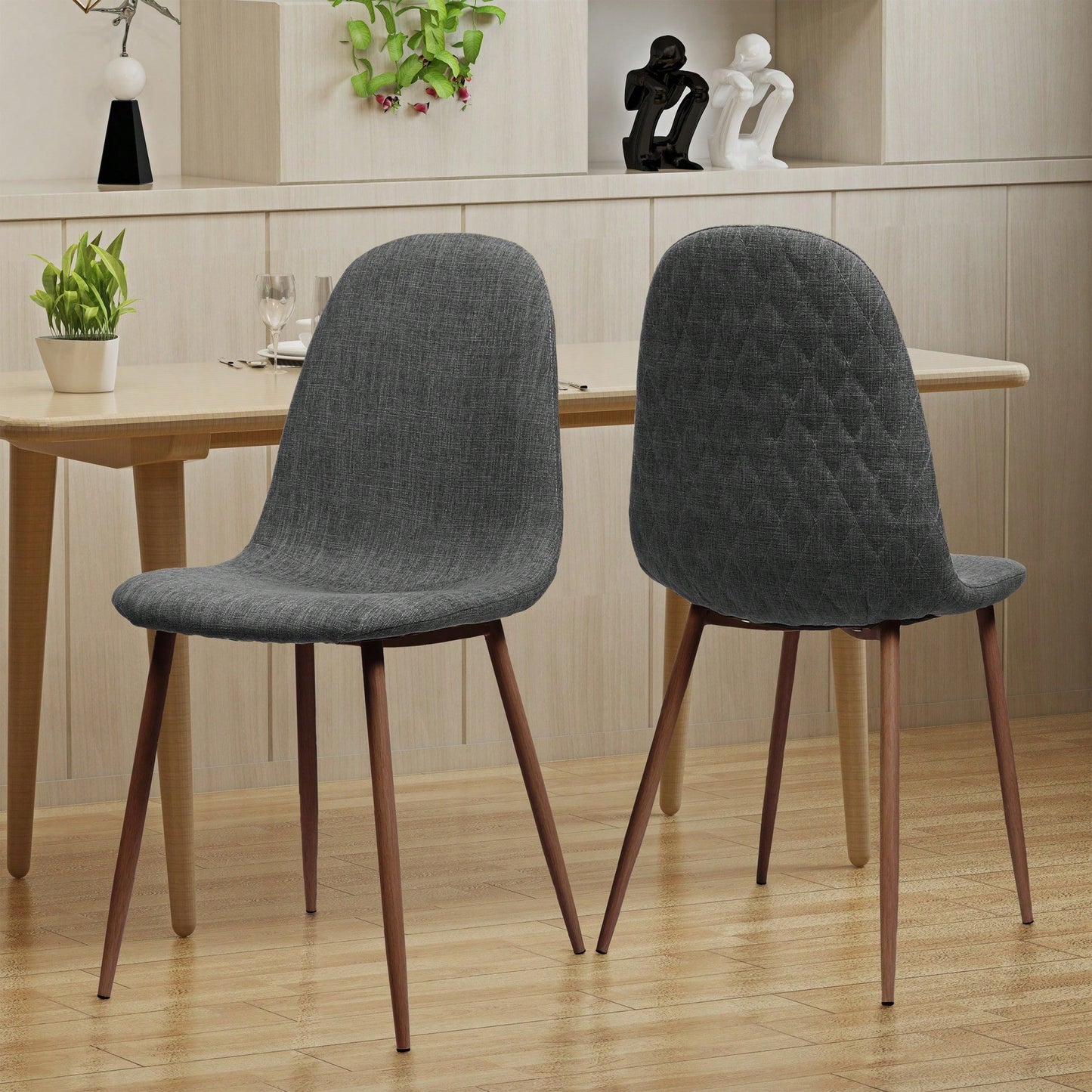 Fabric Upholstered Mid-Century Dining Chairs With Dark Walnut Finished Metal Legs - Set Of 2