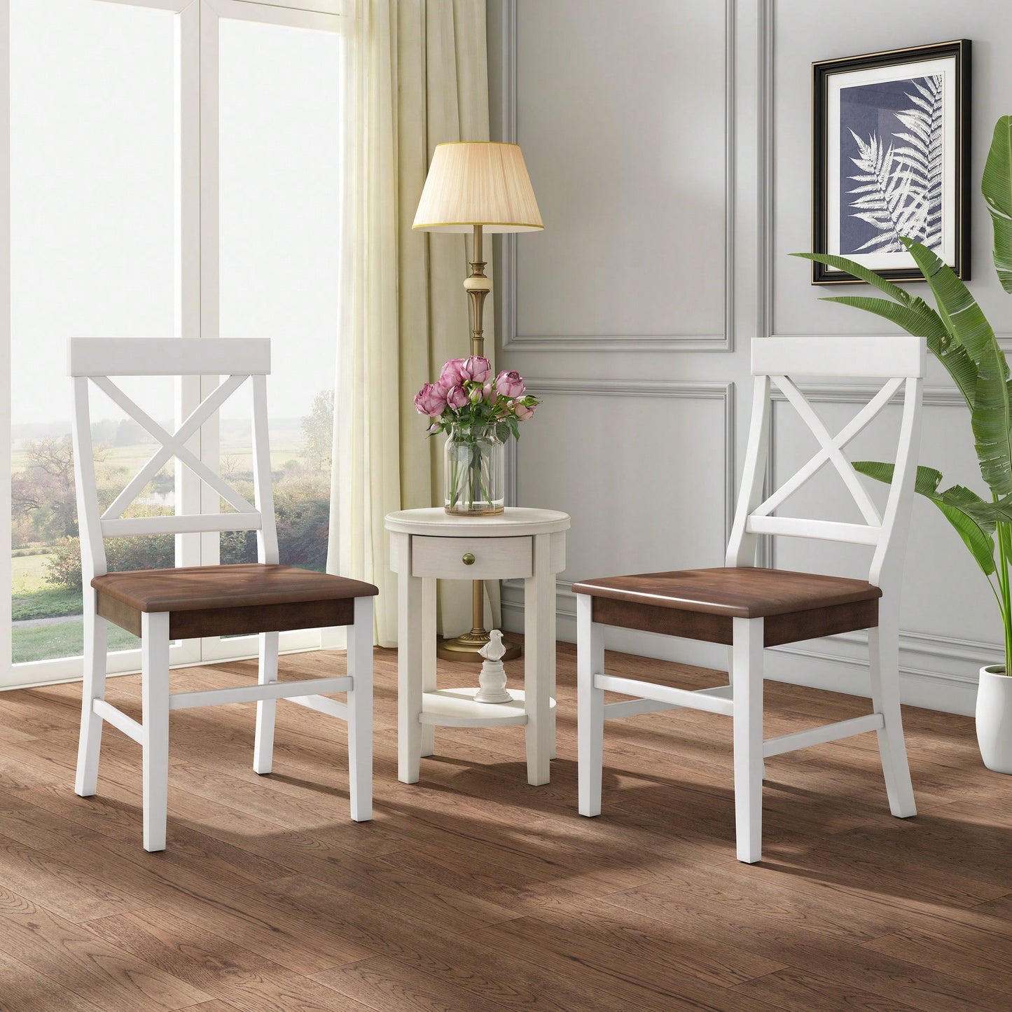 Set Of 2 White Acacia Wood Dining Chairs For Elegant Home Decor