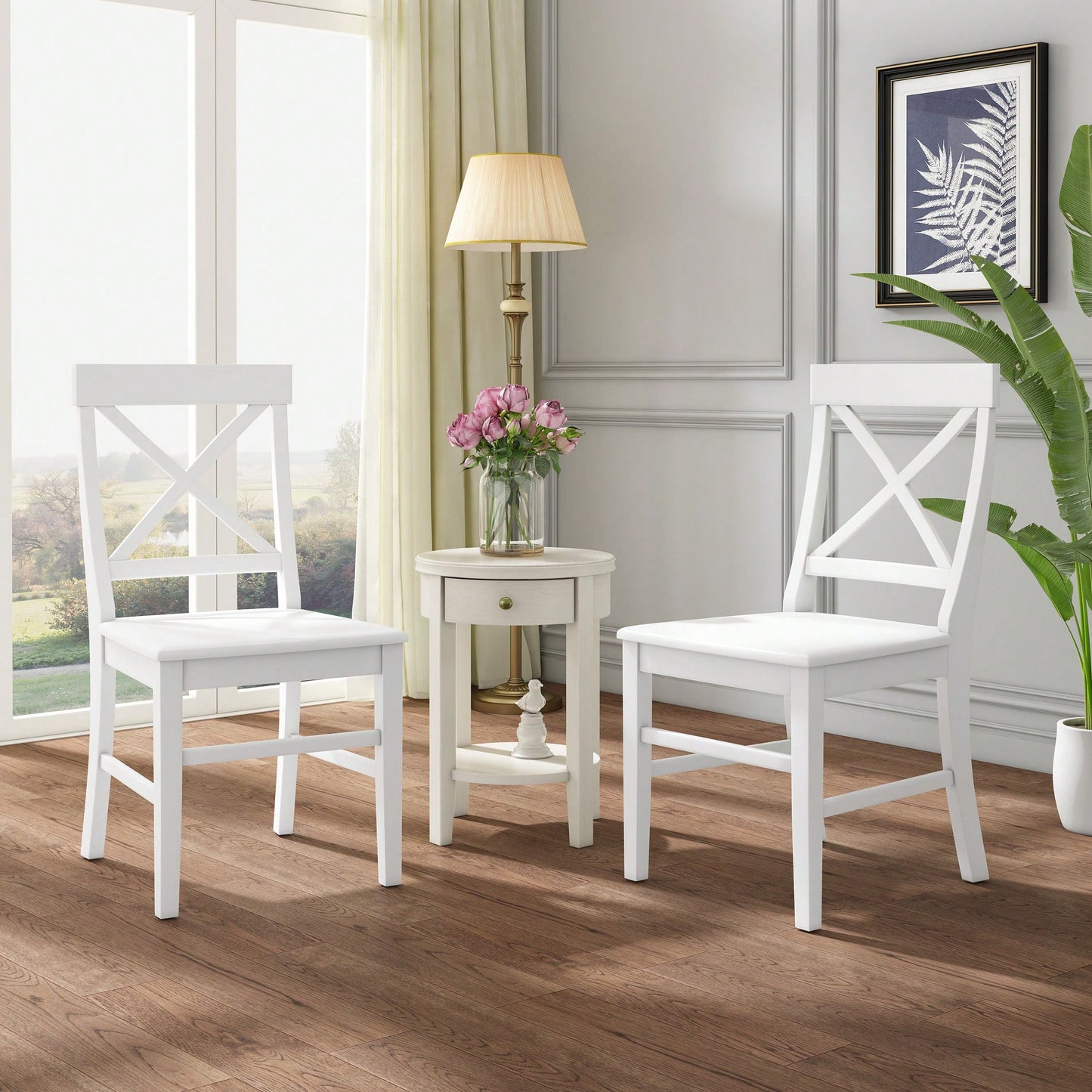 Set Of 2 White Acacia Wood Dining Chairs For Elegant Home Decor