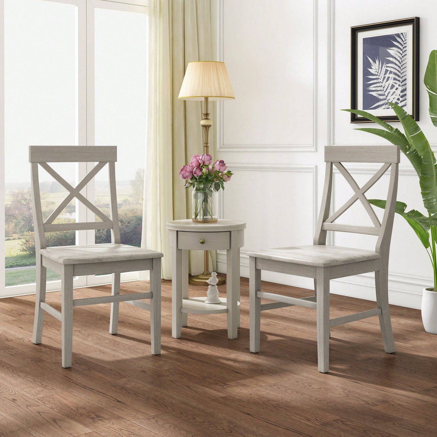 Set Of 2 White Acacia Wood Dining Chairs For Elegant Home Decor
