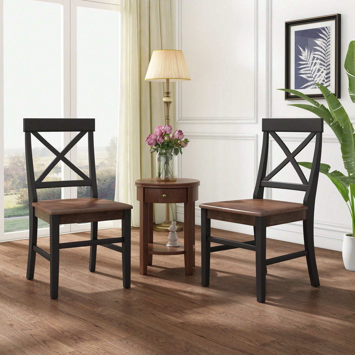 Set Of 2 White Acacia Wood Dining Chairs For Elegant Home Decor