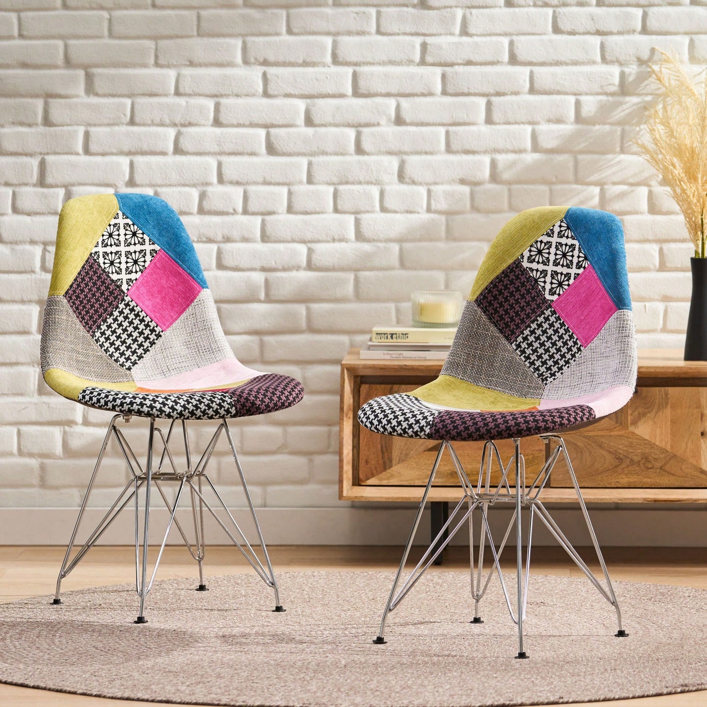 Bohemian Style Patchwork Accent Chair With Chromed Legs And Geometric Pattern Set Of 2