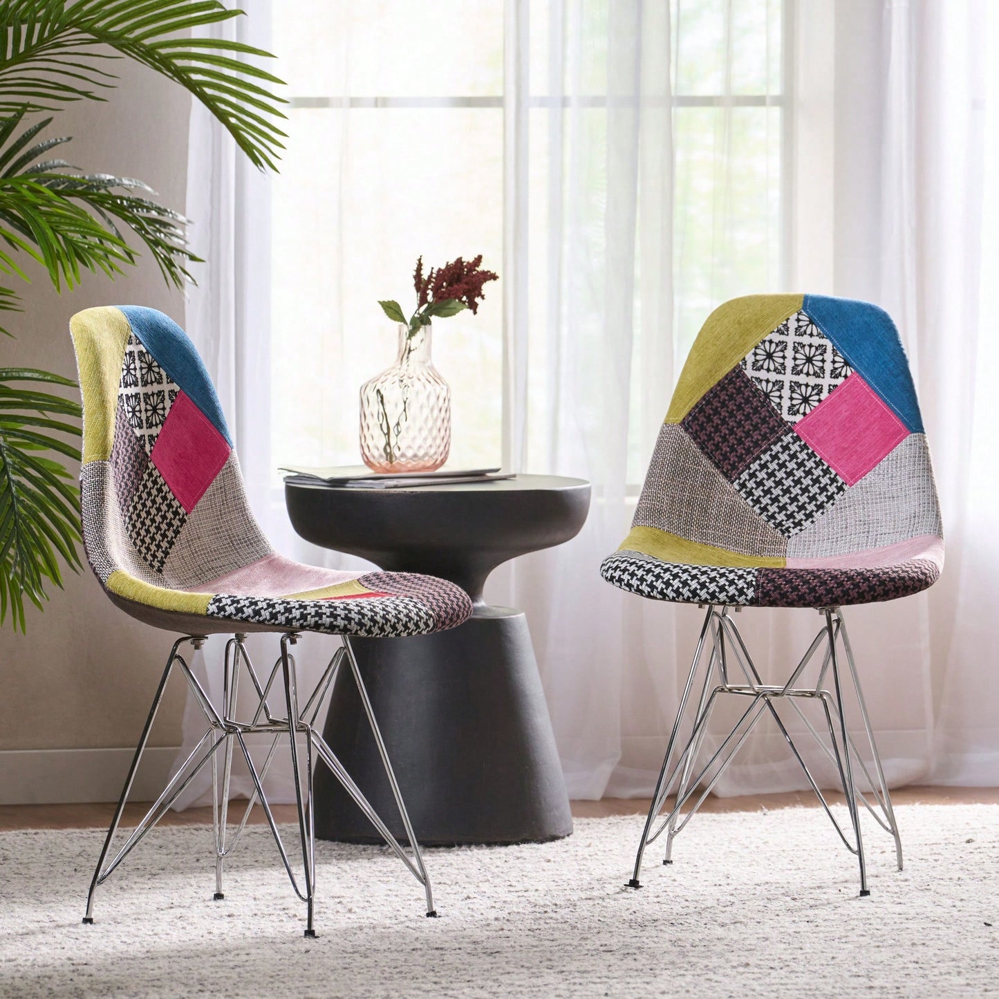 Bohemian Style Patchwork Accent Chair With Chromed Legs And Geometric Pattern Set Of 2