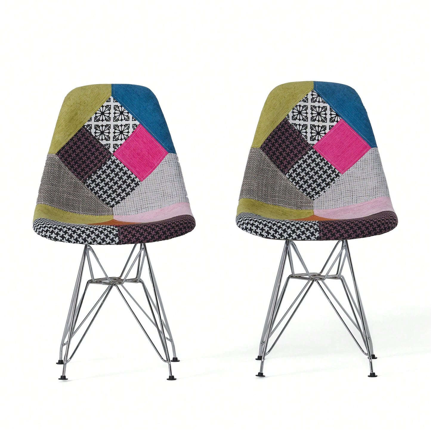 Bohemian Style Patchwork Accent Chair With Chromed Legs And Geometric Pattern Set Of 2