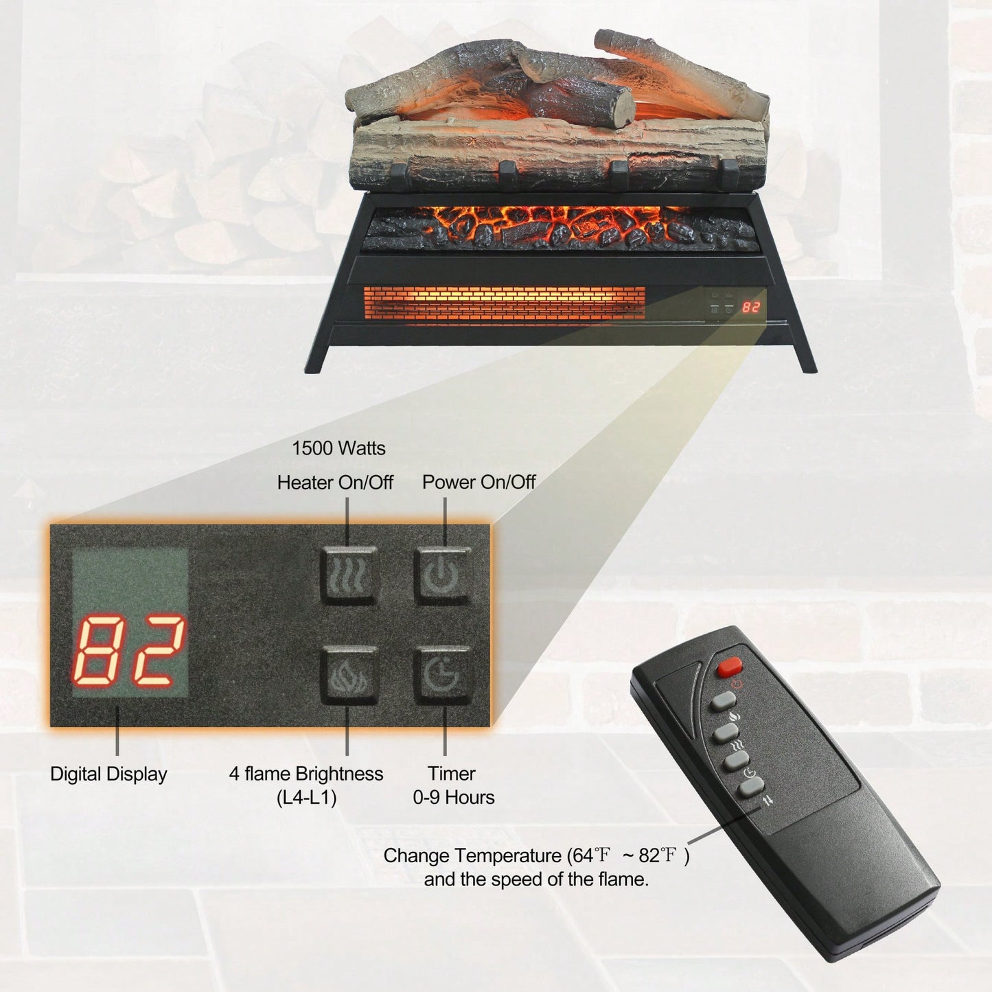 23 Inch Electric Fireplace Insert With 3D Log Set And Heater For Indoor Use