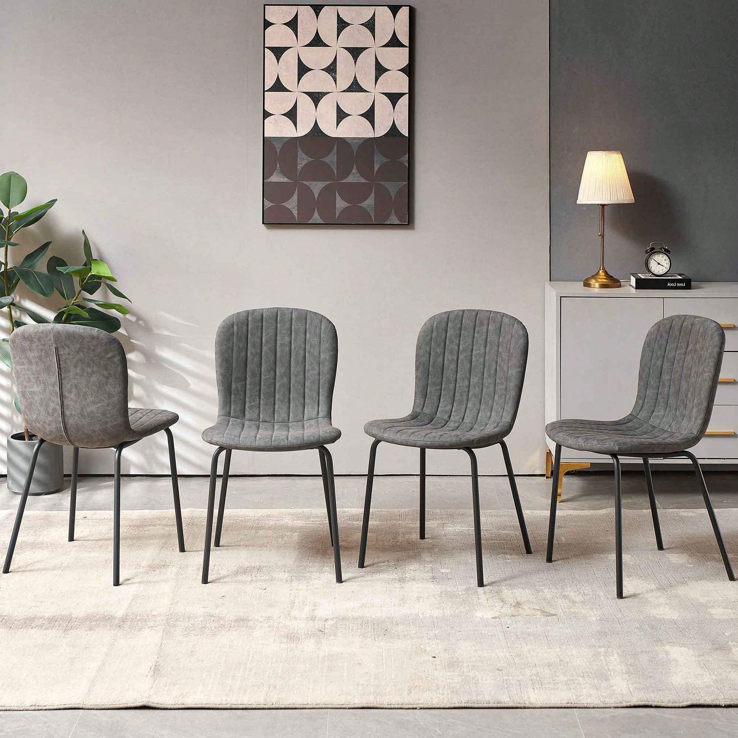 Set Of 4 Dark Grey Mid-Century Modern Faux Leather Dining Chairs For Kitchen And Dining Room