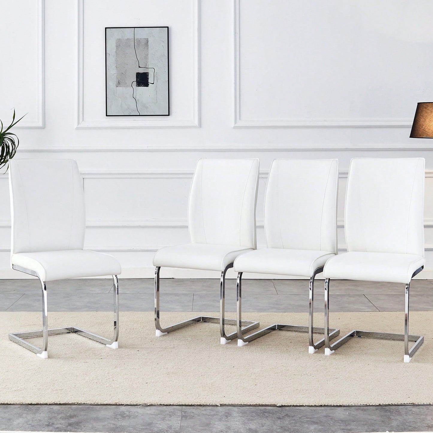 Set Of 4 High Resilience Black PU Dining Chairs With Arched Silver Metal Legs