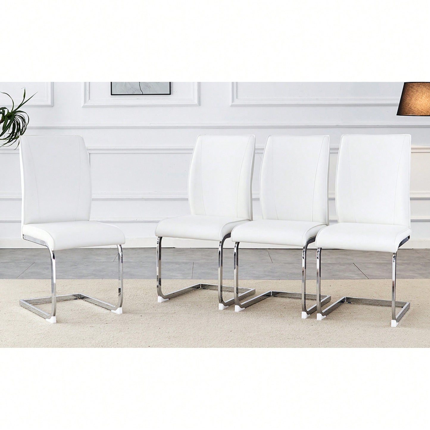 Set Of 4 High Resilience Black PU Dining Chairs With Arched Silver Metal Legs
