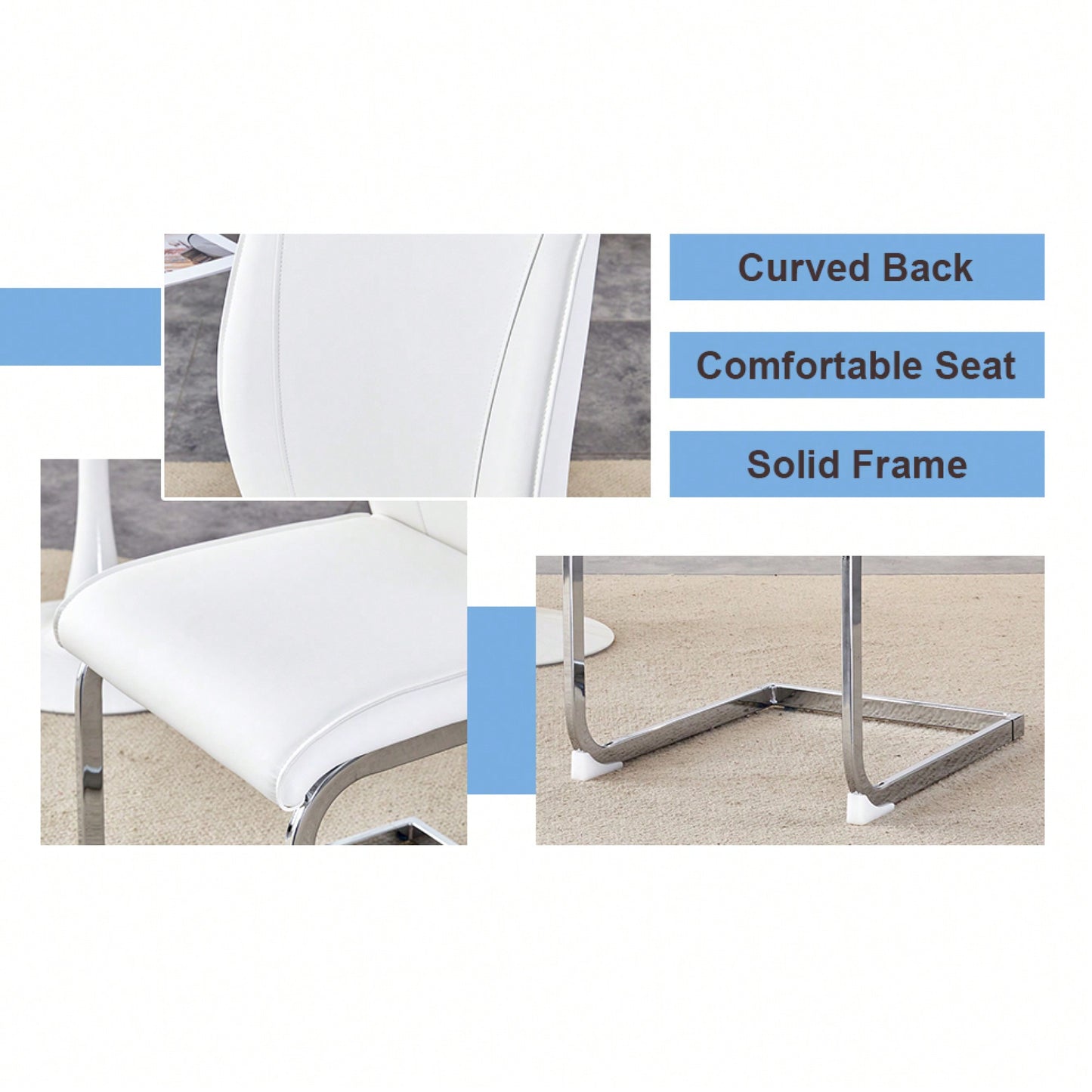Set Of 4 High Resilience Black PU Dining Chairs With Arched Silver Metal Legs