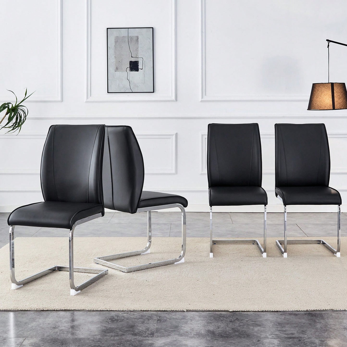 Set Of 4 High Resilience Black PU Dining Chairs With Arched Silver Metal Legs