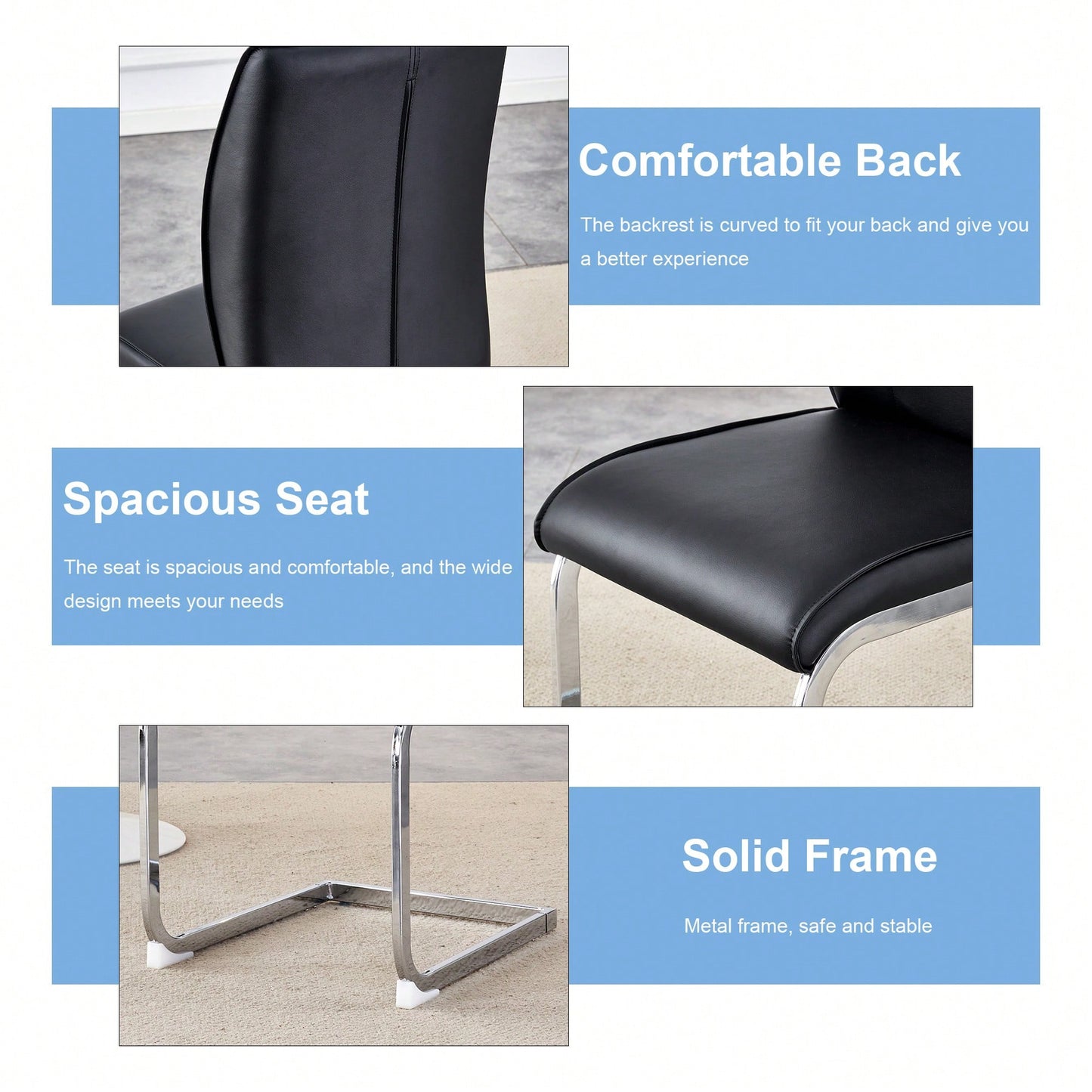Set Of 4 High Resilience Black PU Dining Chairs With Arched Silver Metal Legs