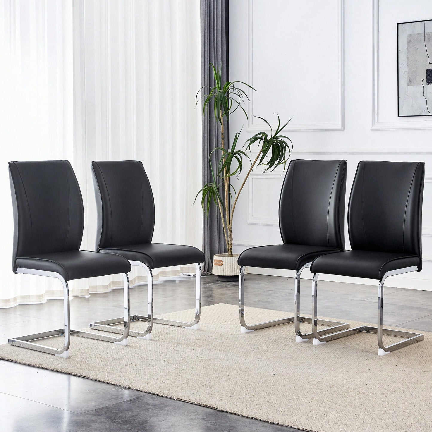 Set Of 4 High Resilience Black PU Dining Chairs With Arched Silver Metal Legs