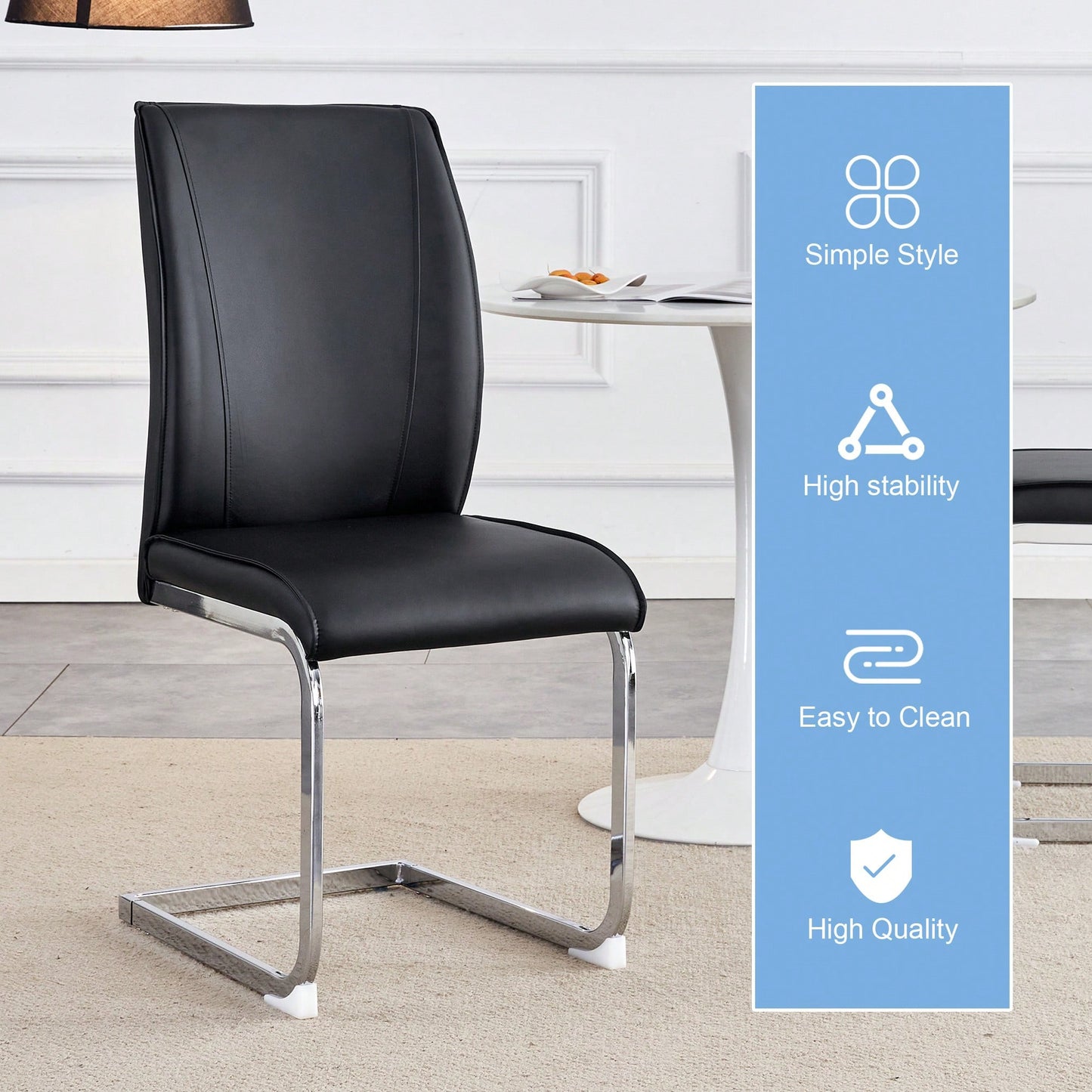 Set Of 4 High Resilience Black PU Dining Chairs With Arched Silver Metal Legs