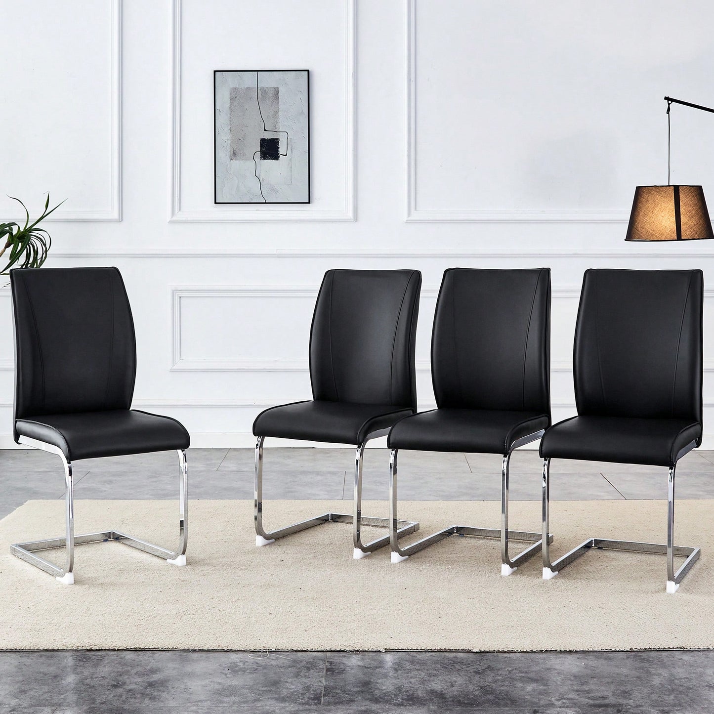 Set Of 4 High Resilience Black PU Dining Chairs With Arched Silver Metal Legs