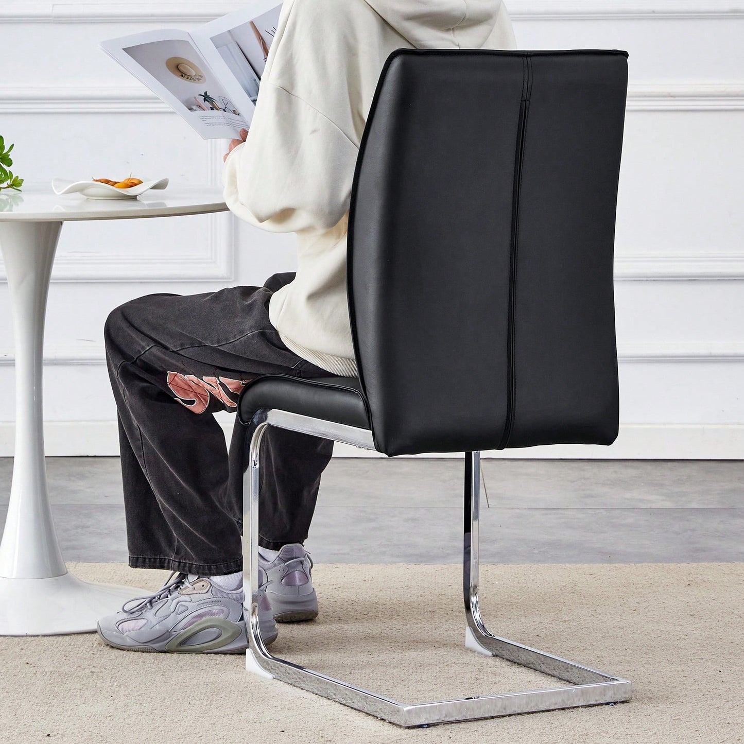 Set Of 4 High Resilience Black PU Dining Chairs With Arched Silver Metal Legs