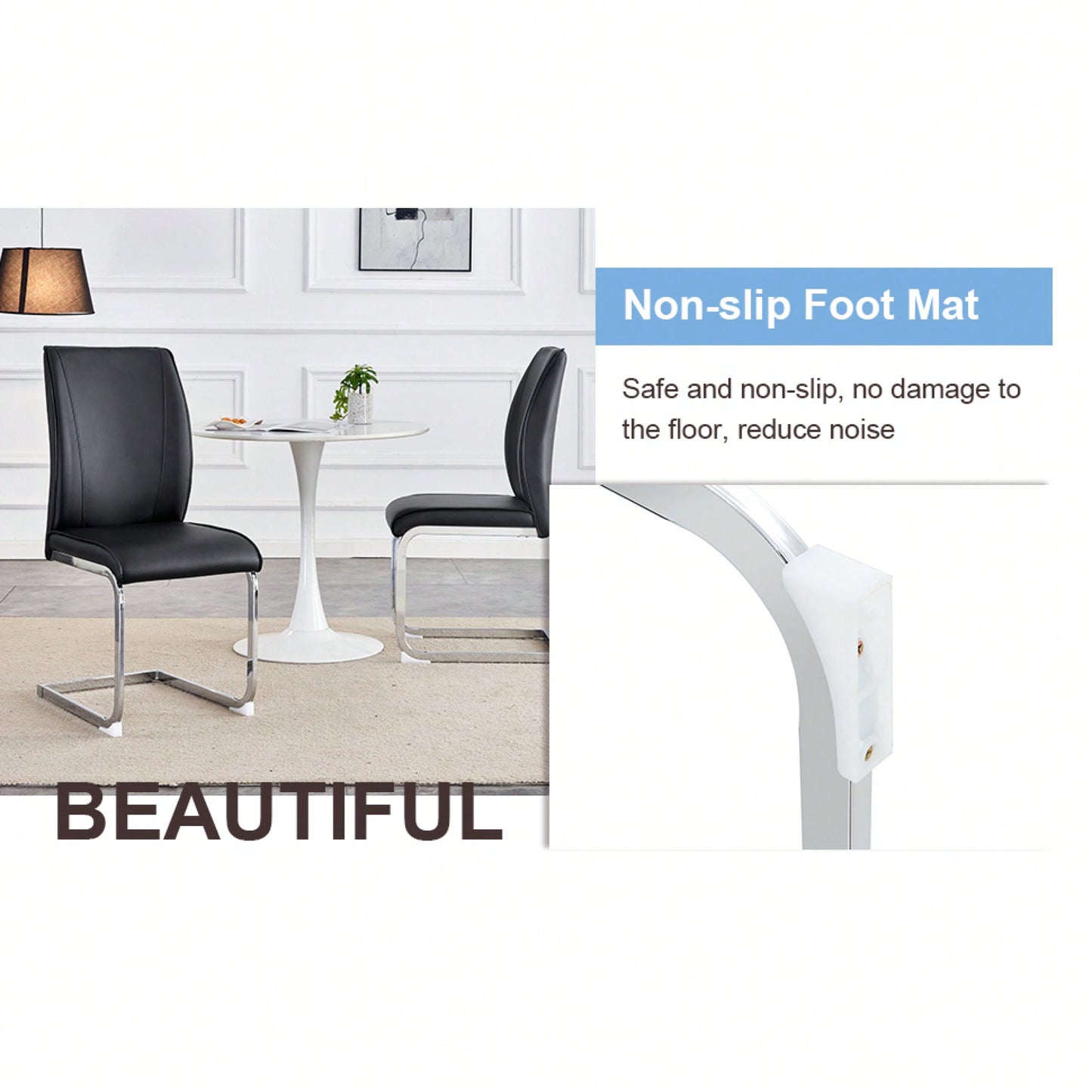 Set Of 4 High Resilience Black PU Dining Chairs With Arched Silver Metal Legs