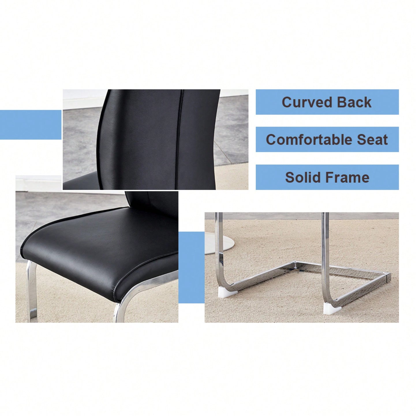Set Of 4 High Resilience Black PU Dining Chairs With Arched Silver Metal Legs