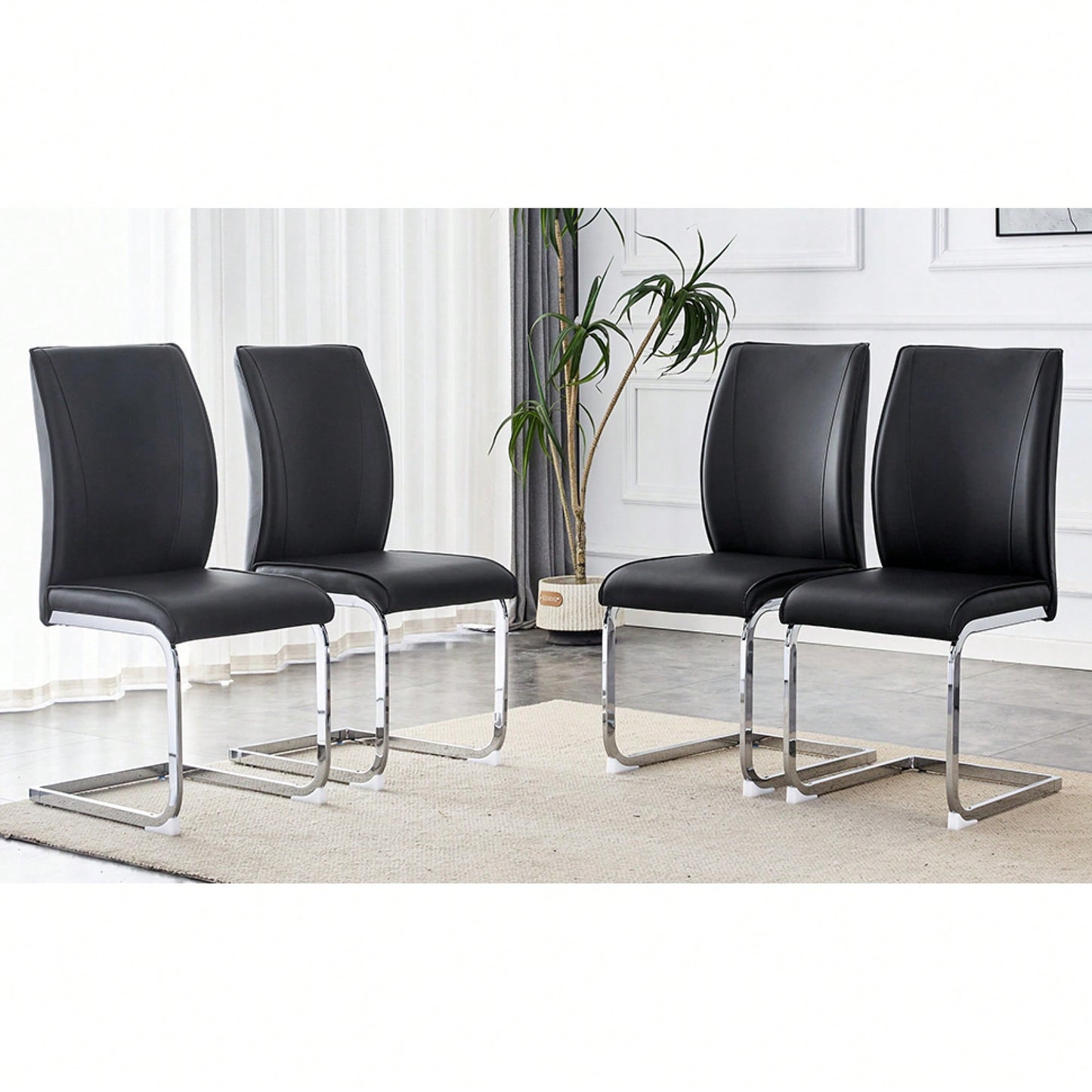 Set Of 4 High Resilience Black PU Dining Chairs With Arched Silver Metal Legs