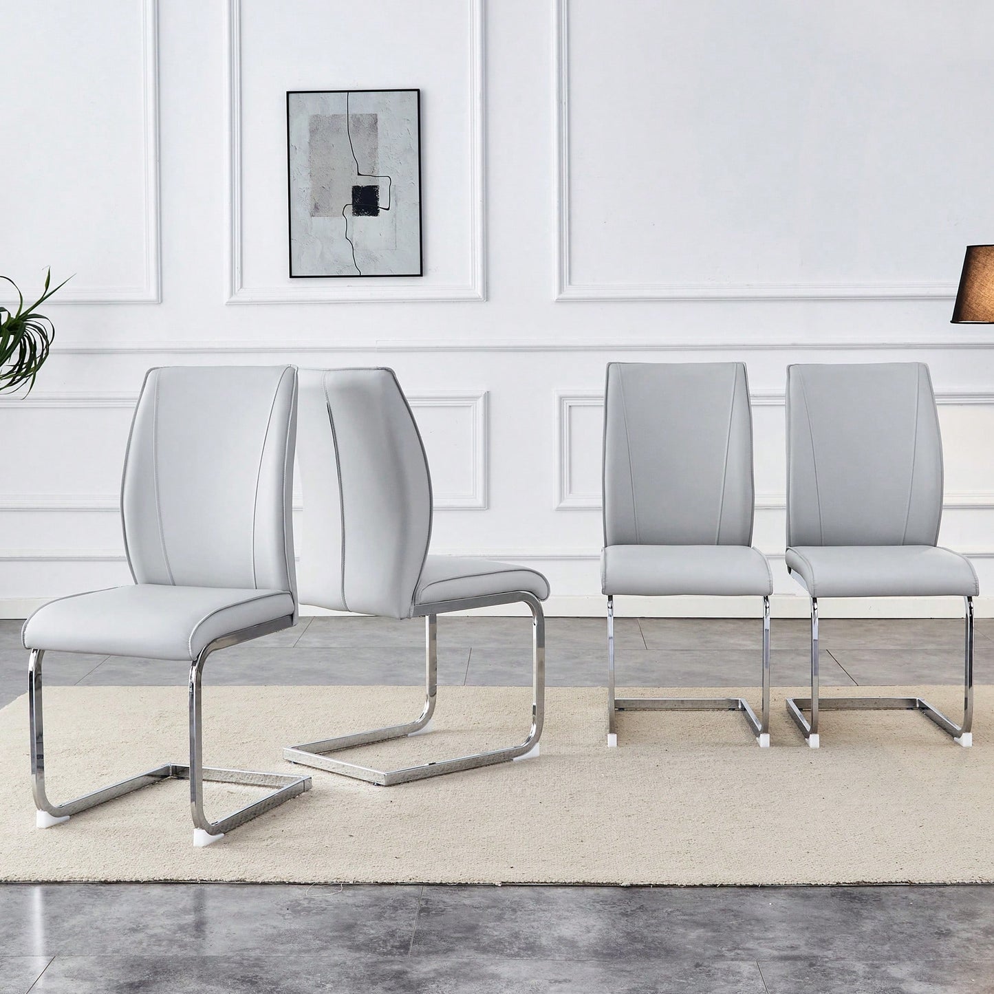 Set Of 4 High Resilience Black PU Dining Chairs With Arched Silver Metal Legs