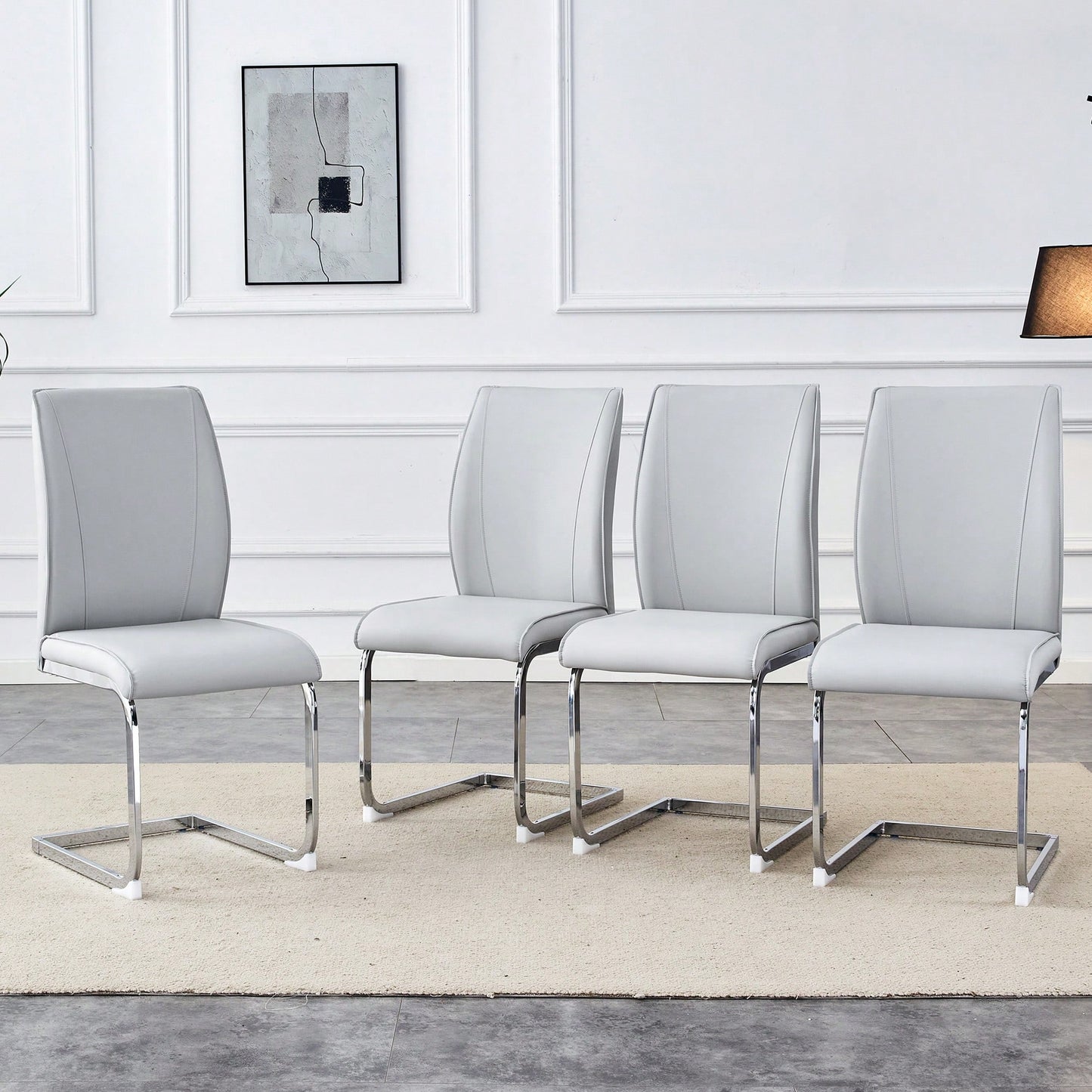 Set Of 4 High Resilience Black PU Dining Chairs With Arched Silver Metal Legs