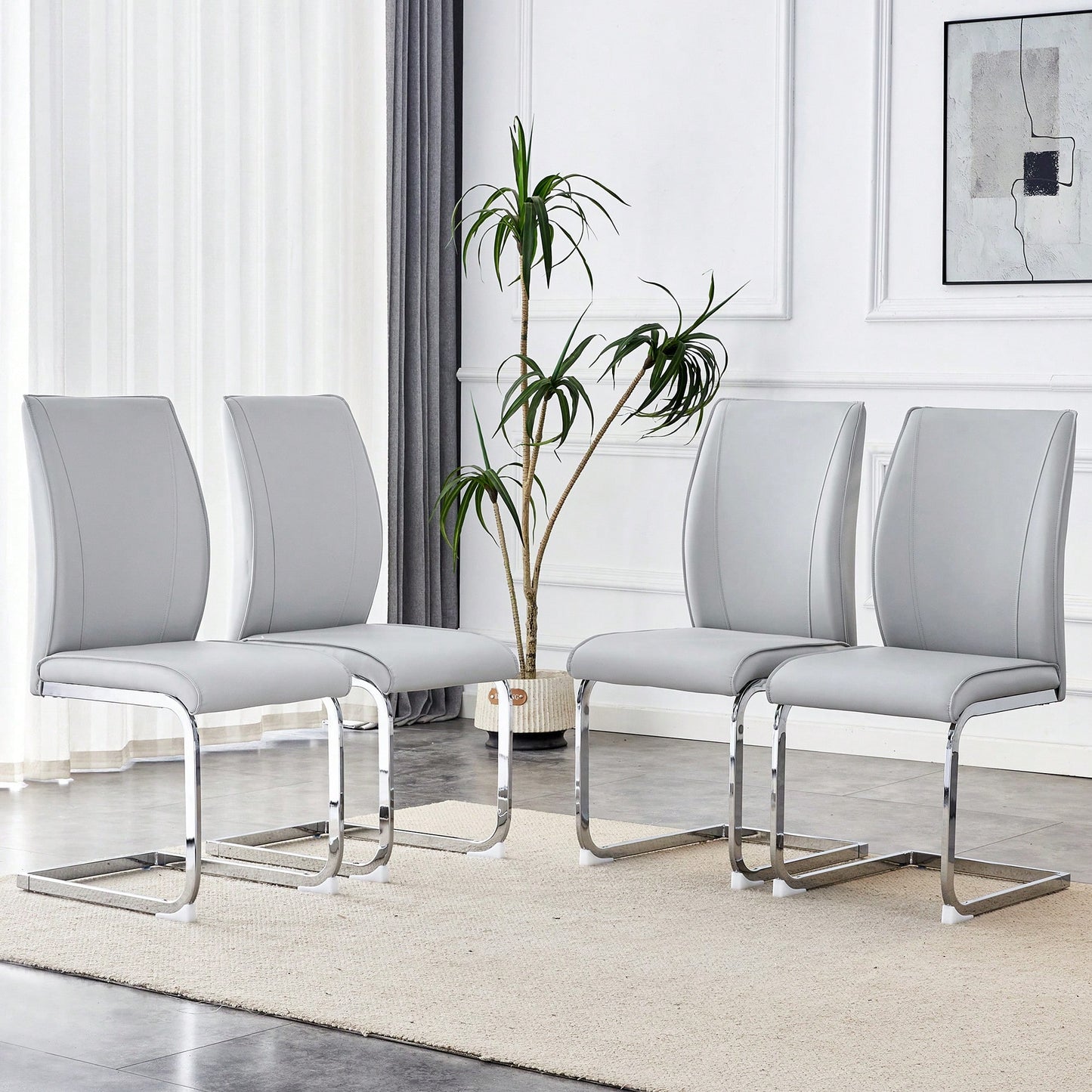 Set Of 4 High Resilience Black PU Dining Chairs With Arched Silver Metal Legs
