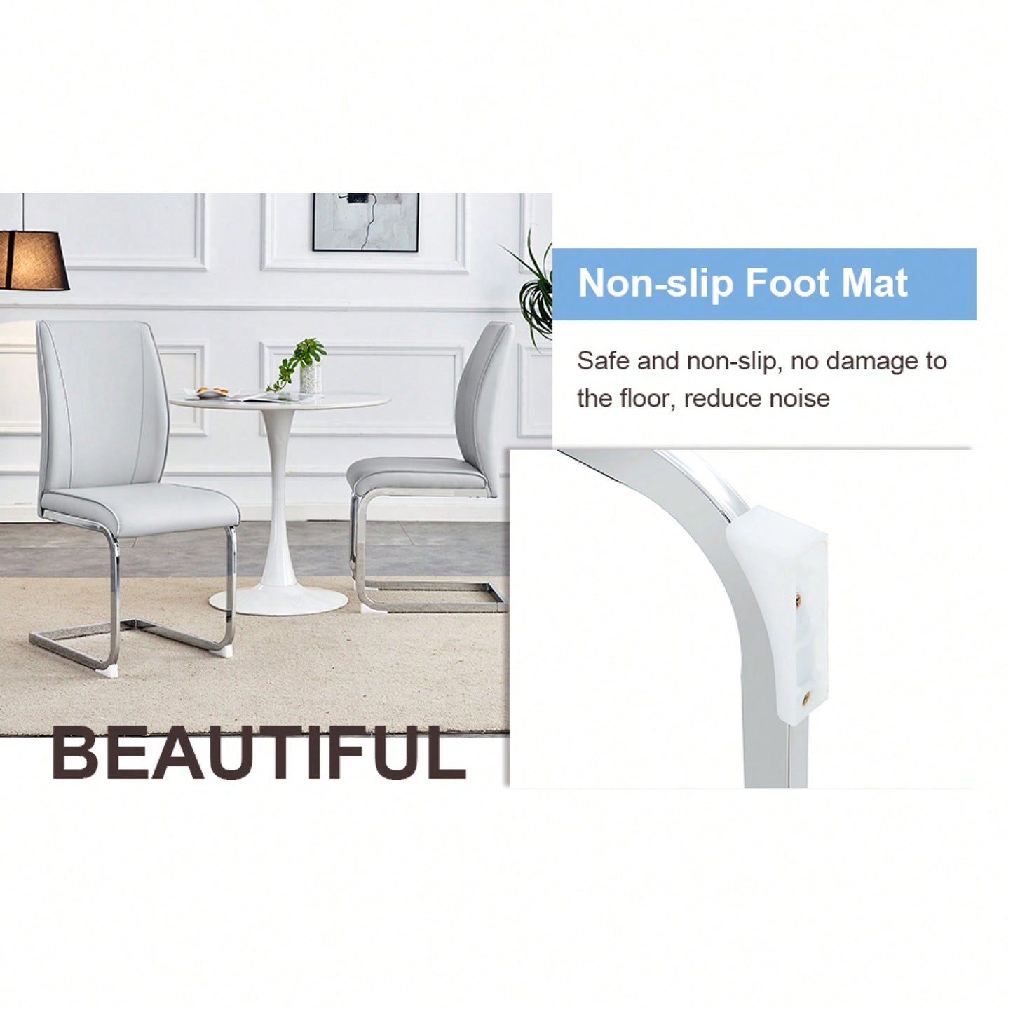 Set Of 4 High Resilience Black PU Dining Chairs With Arched Silver Metal Legs
