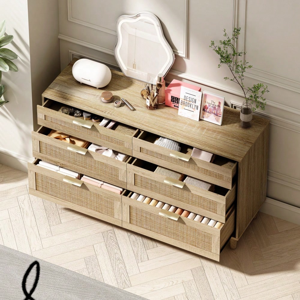 Natural 51 Inch Rattan Dresser with 6 Drawers Stylish Storage Versatile Clothes Cabinet with Metal Handles and Wood Legs