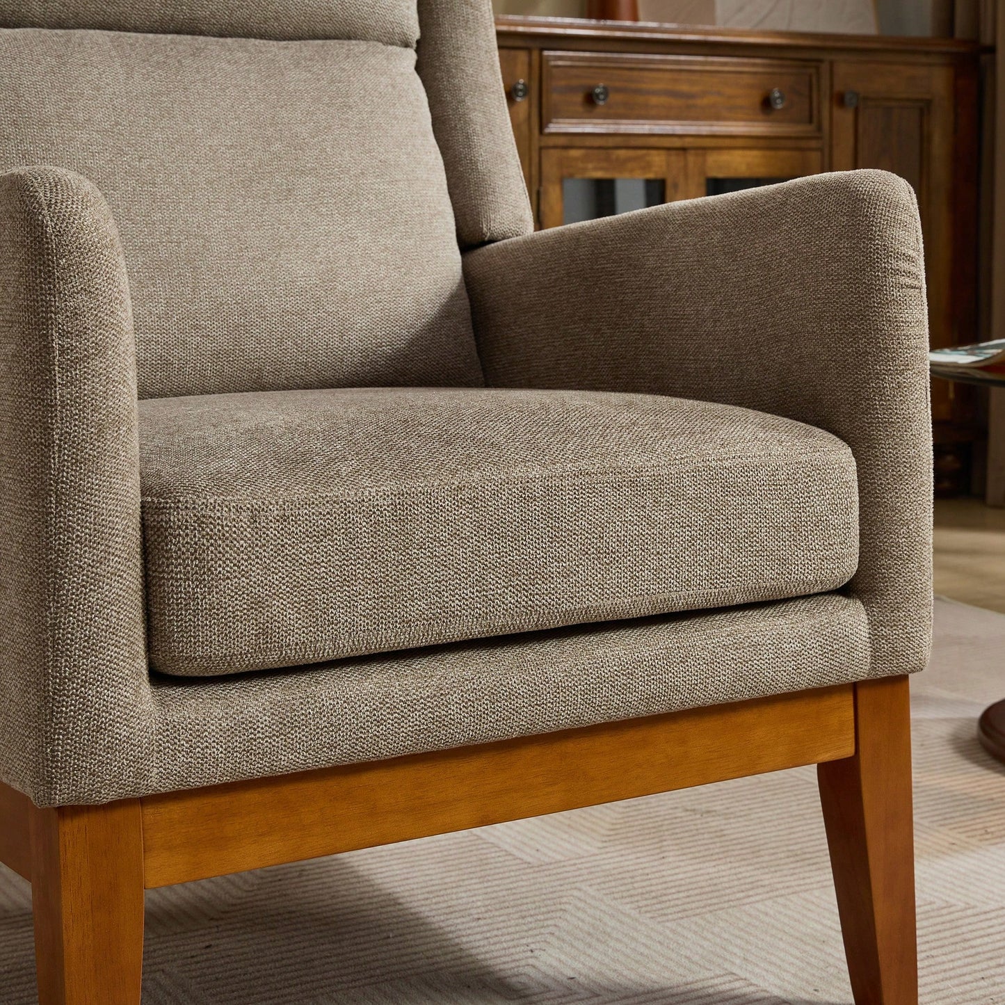 Beige High Back Upholstered Accent Chair For Living Room Bedroom Office Modern Club Armchair With Wood Legs