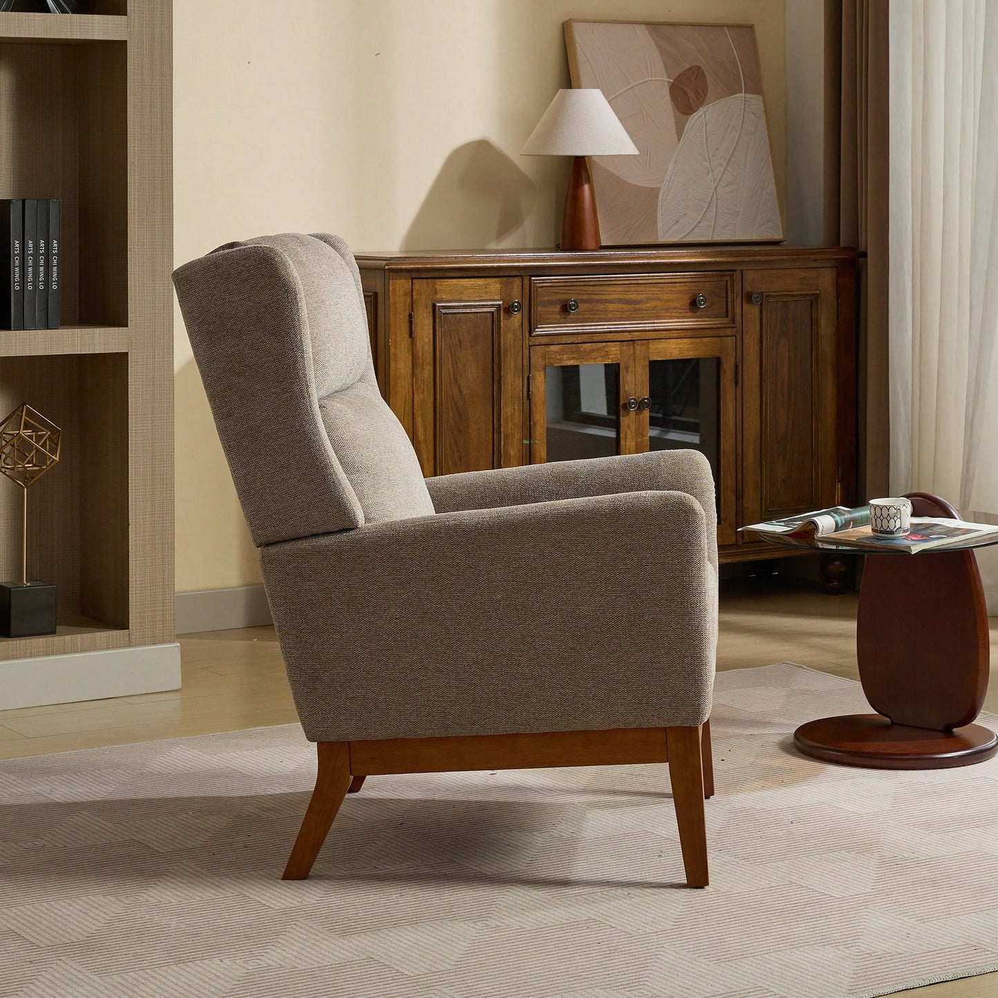 Beige High Back Upholstered Accent Chair For Living Room Bedroom Office Modern Club Armchair With Wood Legs