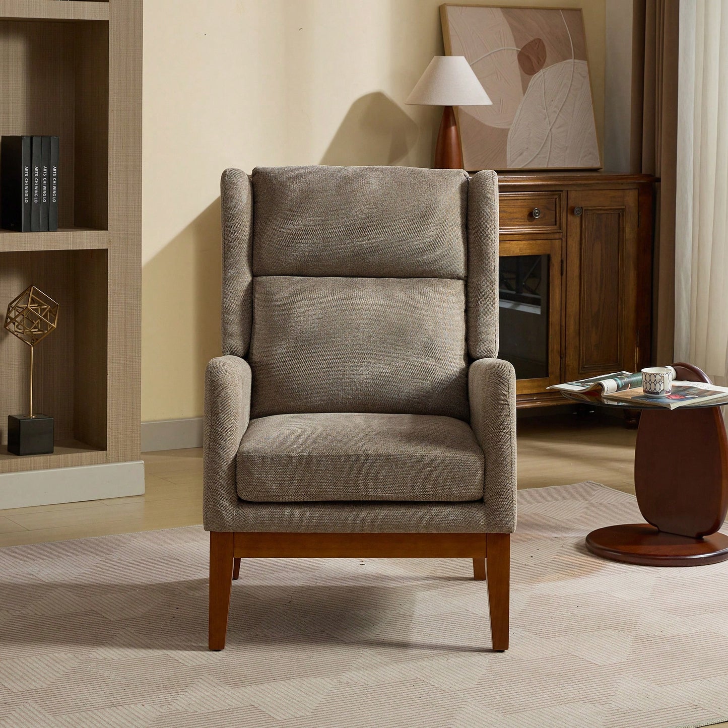 Beige High Back Upholstered Accent Chair For Living Room Bedroom Office Modern Club Armchair With Wood Legs
