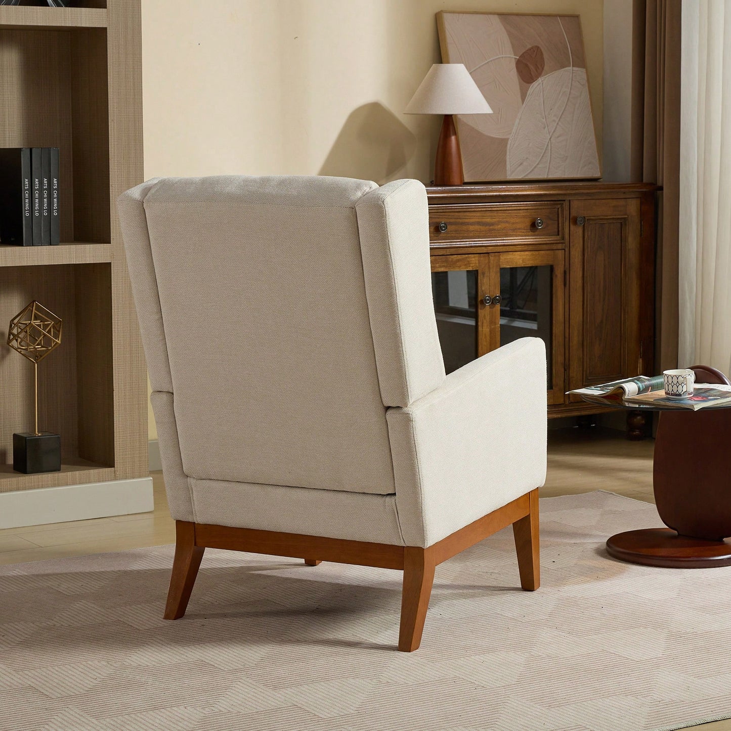 Beige High Back Upholstered Accent Chair For Living Room Bedroom Office Modern Club Armchair With Wood Legs