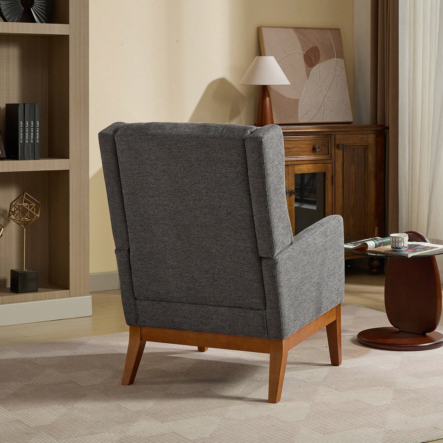 Beige High Back Upholstered Accent Chair For Living Room Bedroom Office Modern Club Armchair With Wood Legs