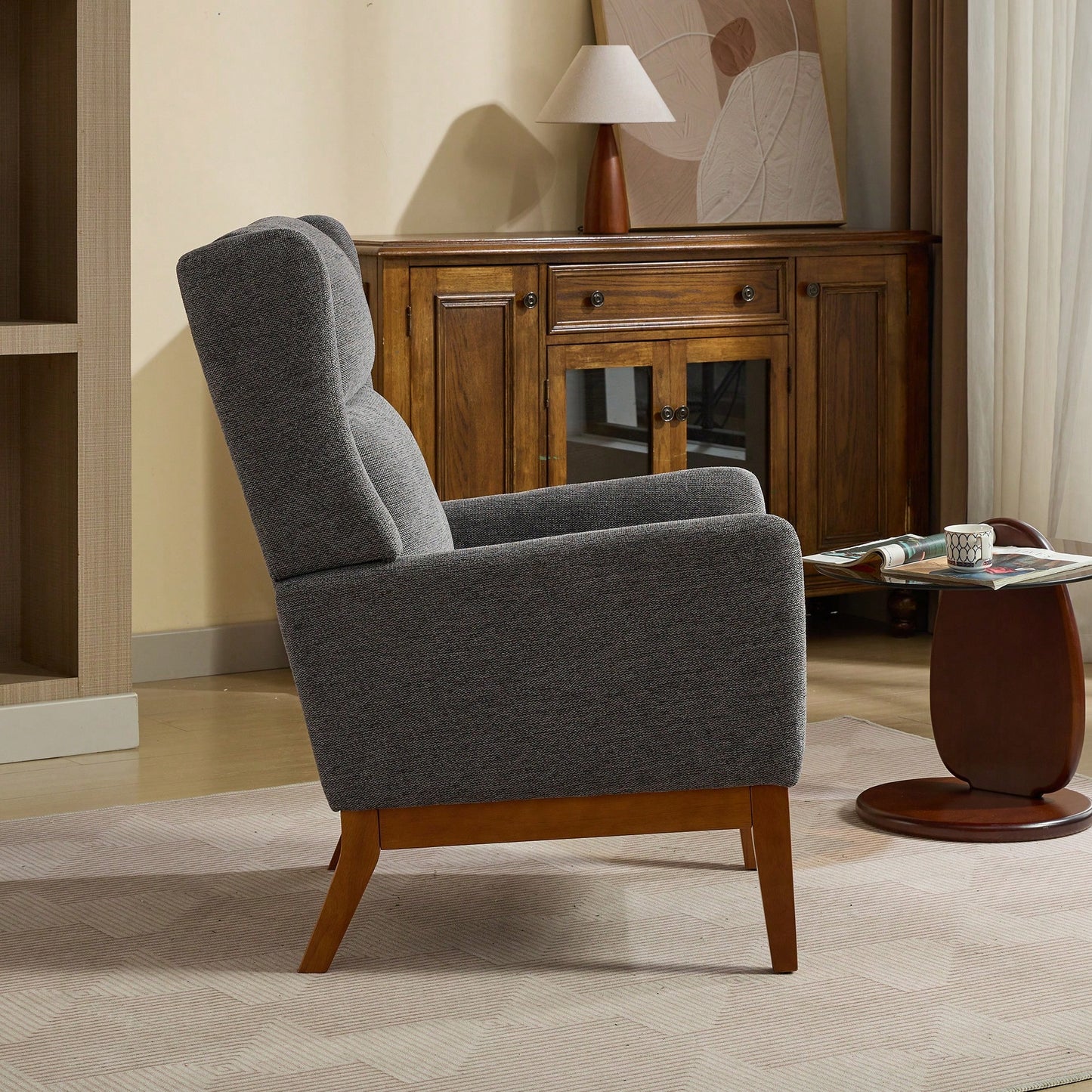 Beige High Back Upholstered Accent Chair For Living Room Bedroom Office Modern Club Armchair With Wood Legs