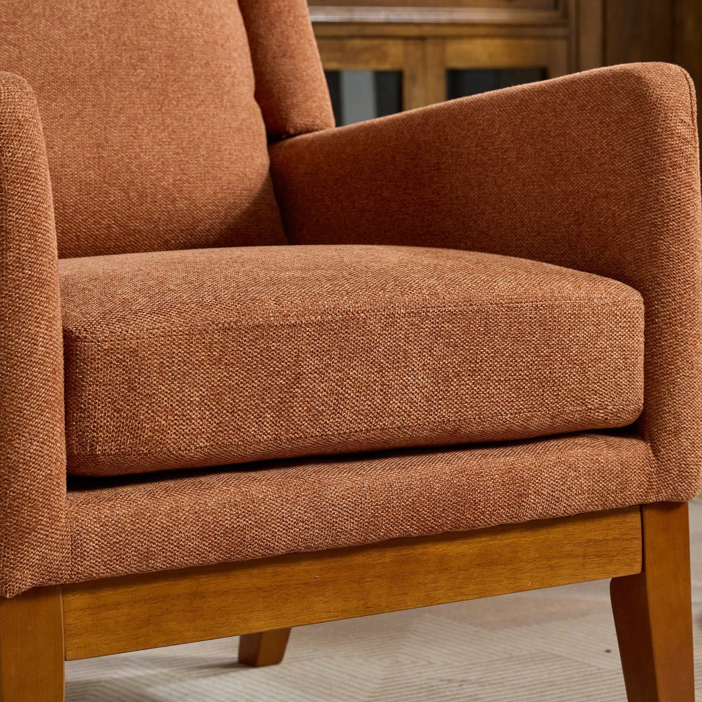 Beige High Back Upholstered Accent Chair For Living Room Bedroom Office Modern Club Armchair With Wood Legs