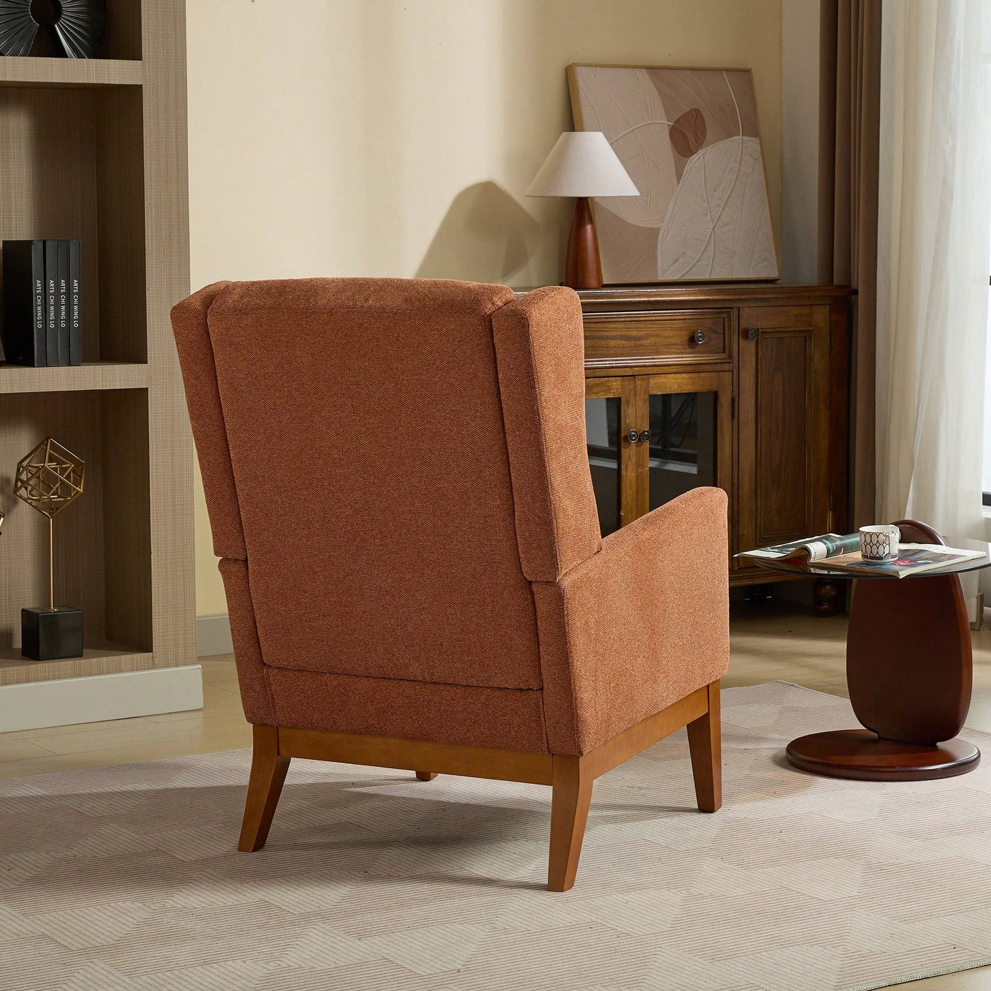 Beige High Back Upholstered Accent Chair For Living Room Bedroom Office Modern Club Armchair With Wood Legs