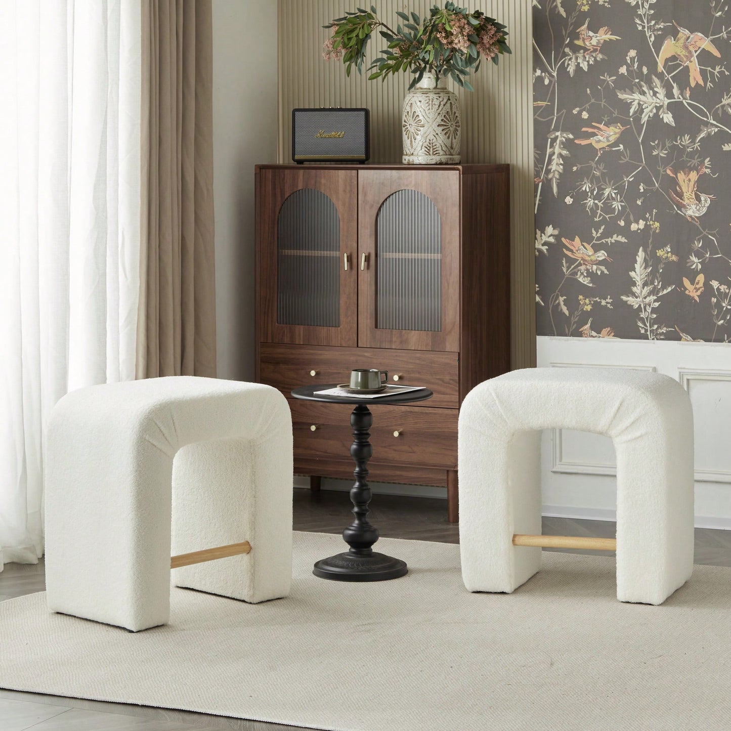 Set Of 2 Cream Boucle Stools For Kitchen Island Dining Chairs 24 Inch Height