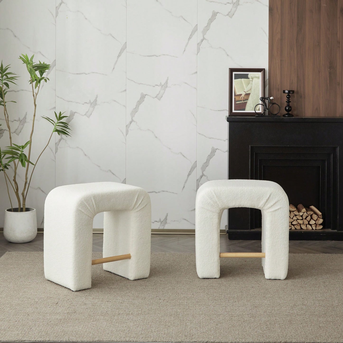 Set Of 2 Cream Boucle Stools For Kitchen Island Dining Chairs 24 Inch Height