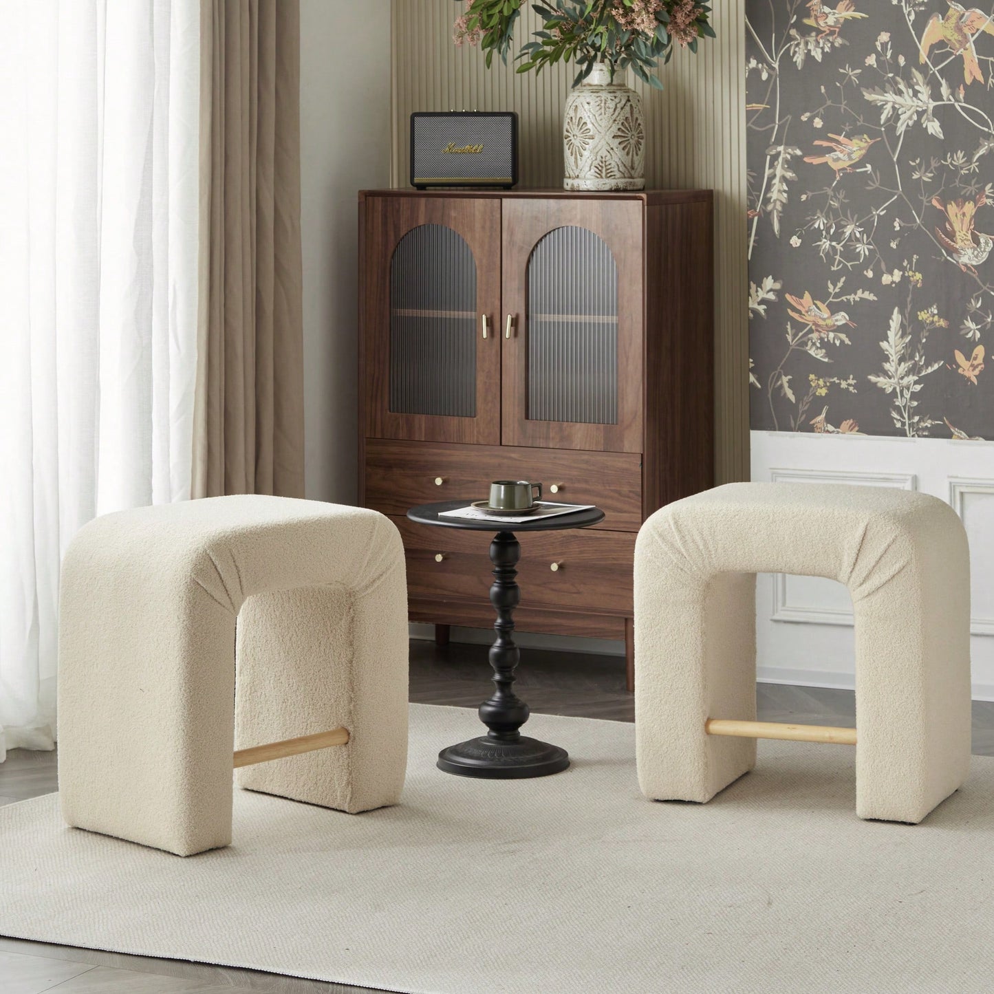 Set Of 2 Cream Boucle Stools For Kitchen Island Dining Chairs 24 Inch Height