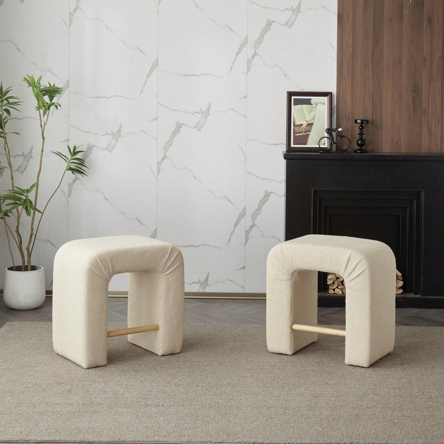 Set Of 2 Cream Boucle Stools For Kitchen Island Dining Chairs 24 Inch Height
